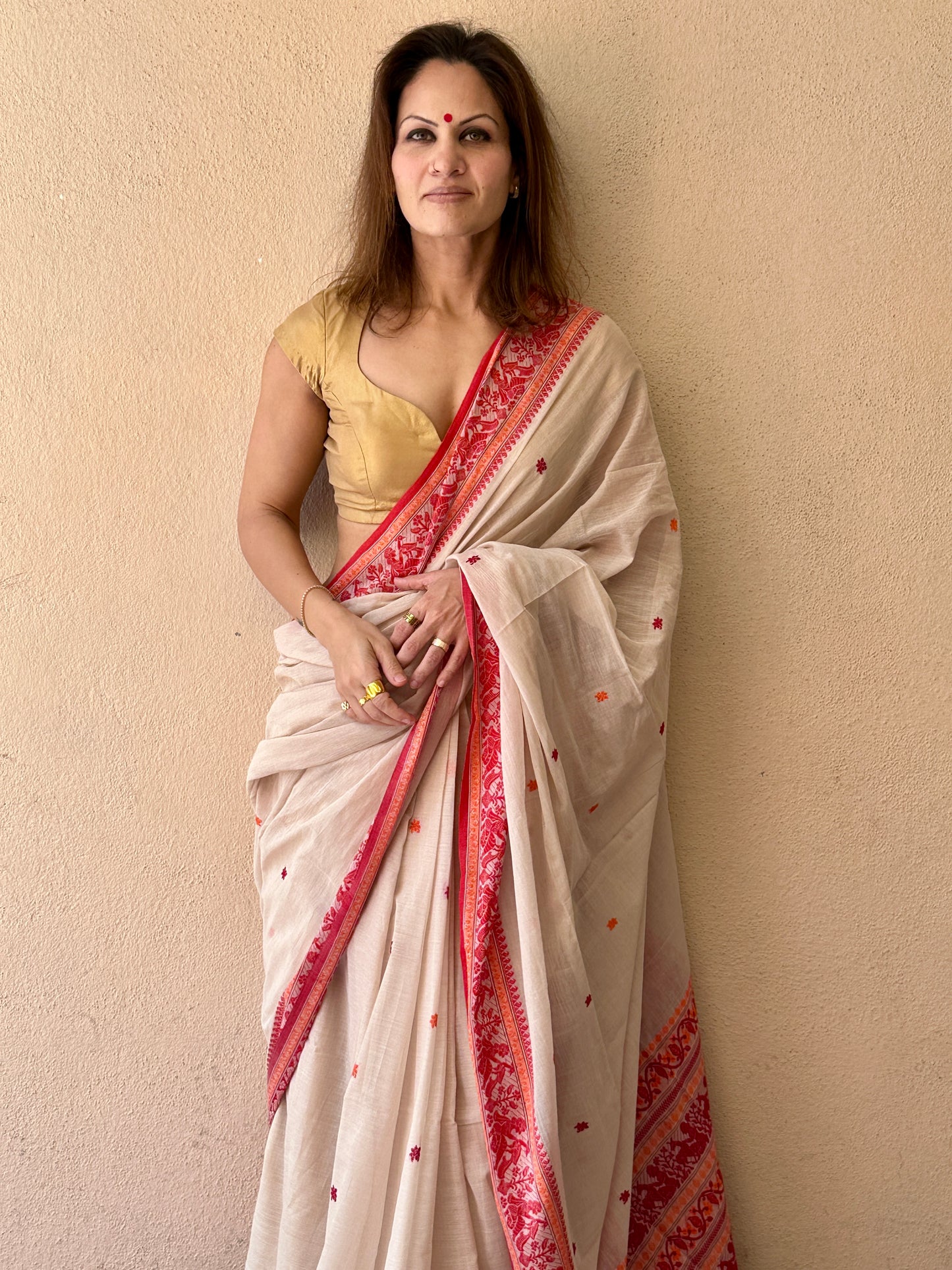 Cream Pure Cotton Baluchari Saree with Red Weaving