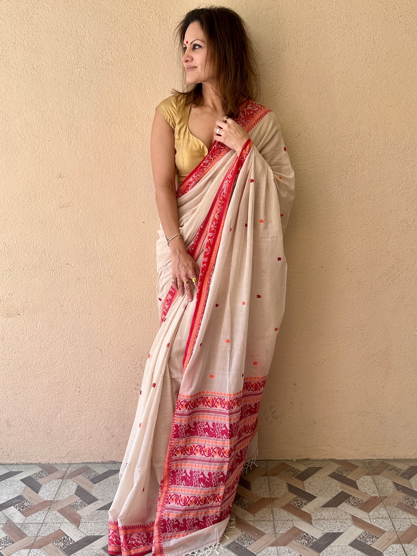 Cream Pure Cotton Baluchari Saree with Red Weaving