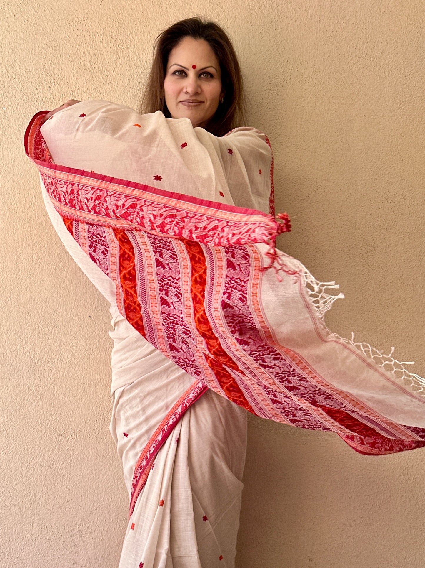 Cream Pure Cotton Baluchari Saree with Red Weaving