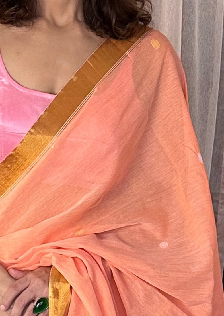 Peach Pure Cotton Jacquard Jamdani Sari