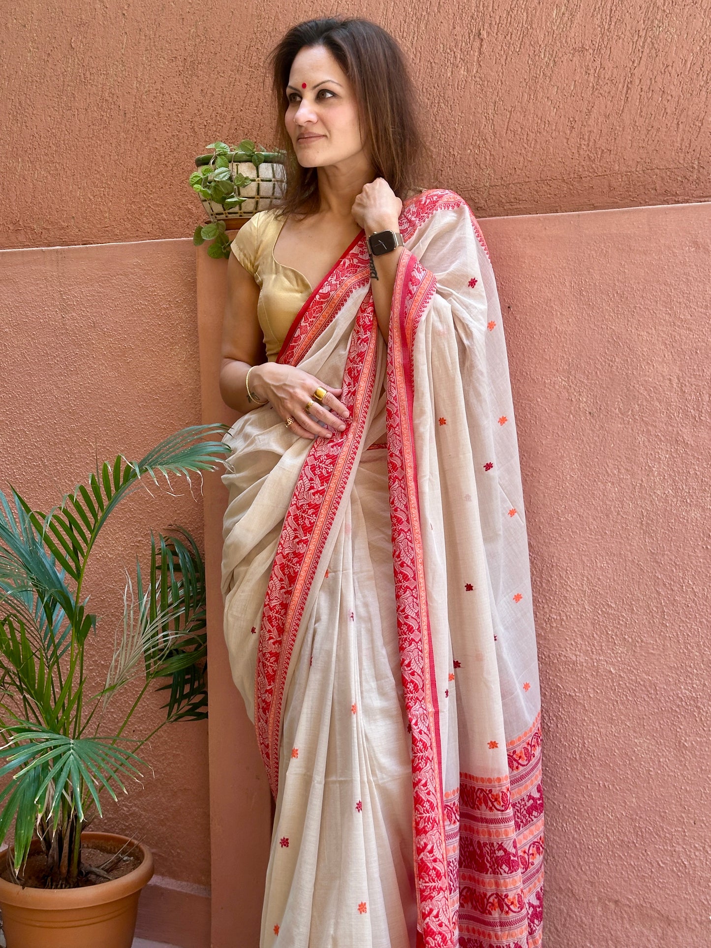 Cream Pure Cotton Baluchari Saree with Red Weaving