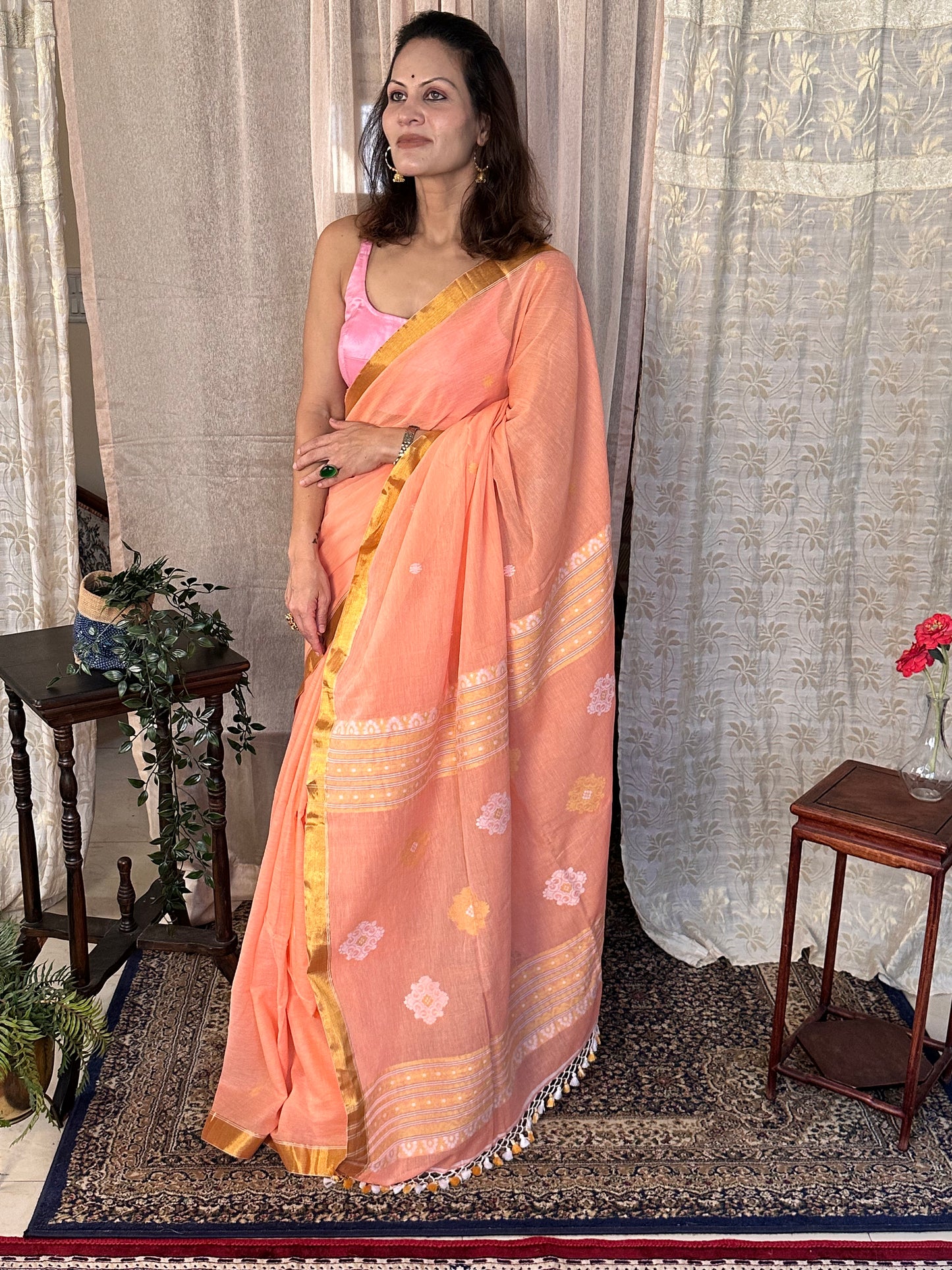 Peach Pure Cotton Jacquard Jamdani Sari