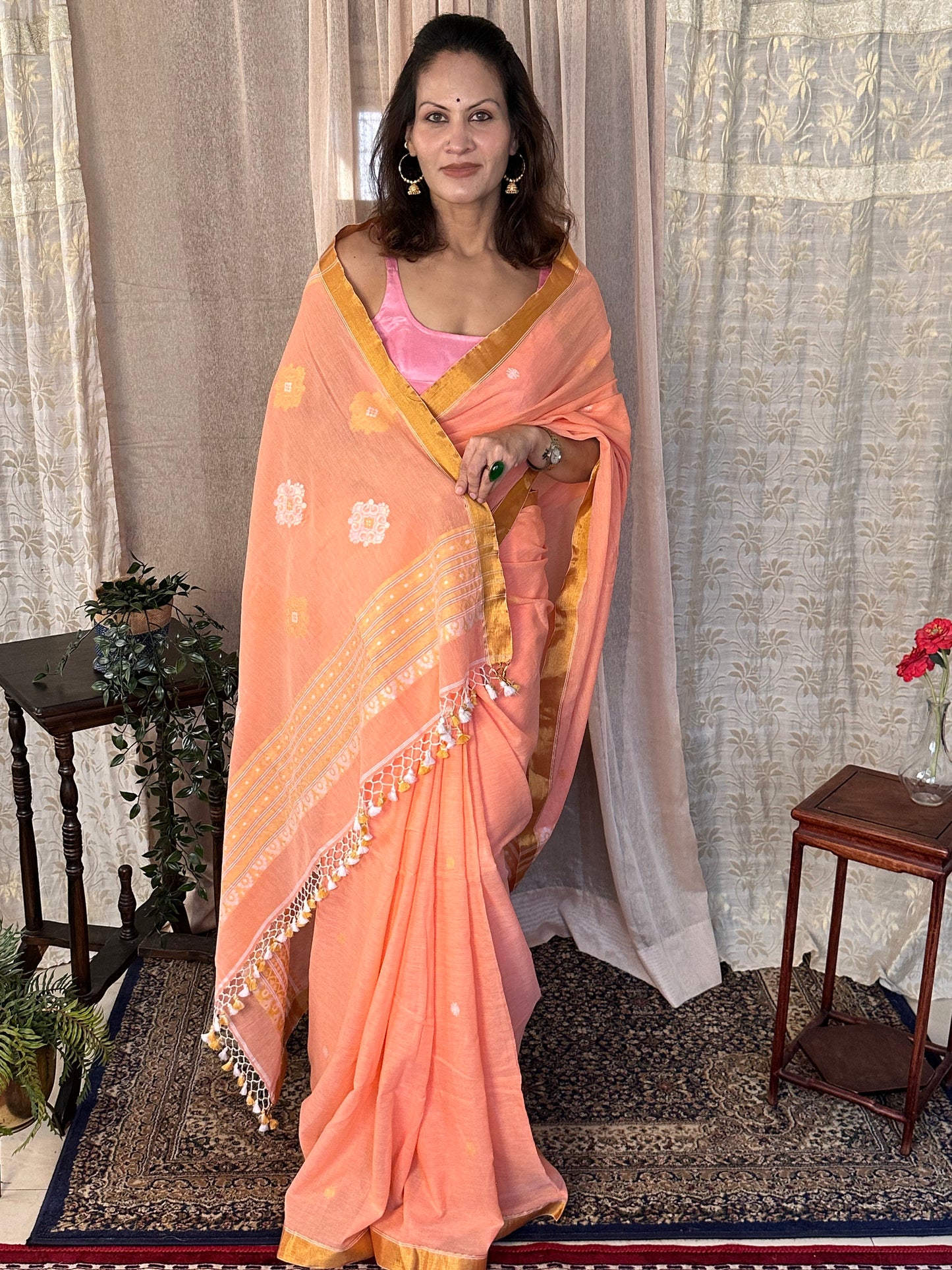 Peach Pure Cotton Jacquard Jamdani Sari