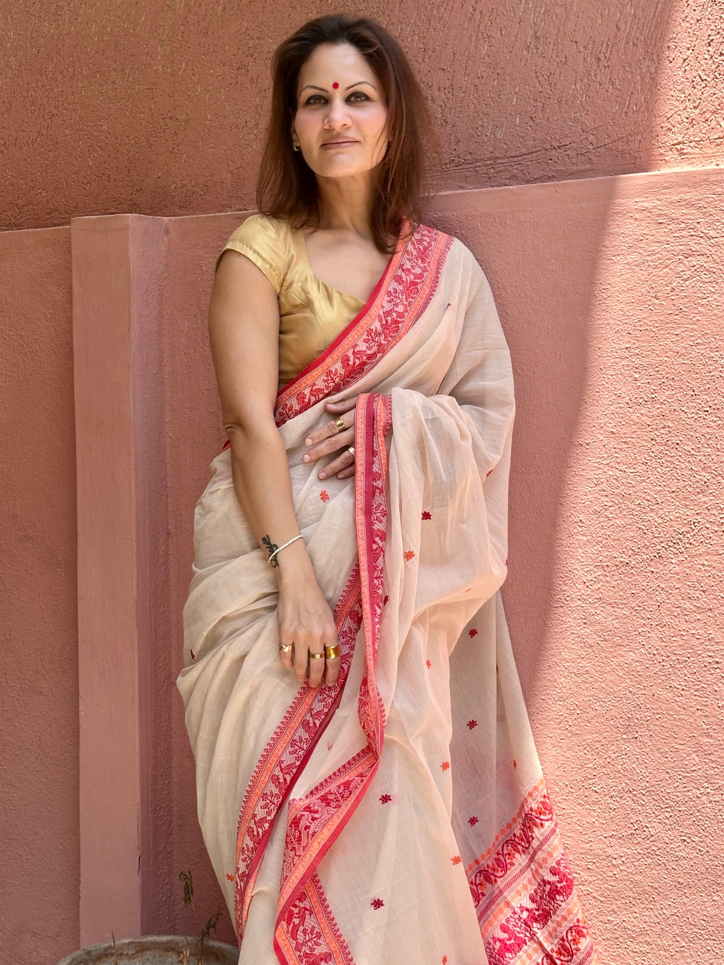 Cream Pure Cotton Baluchari Saree with Red Weaving