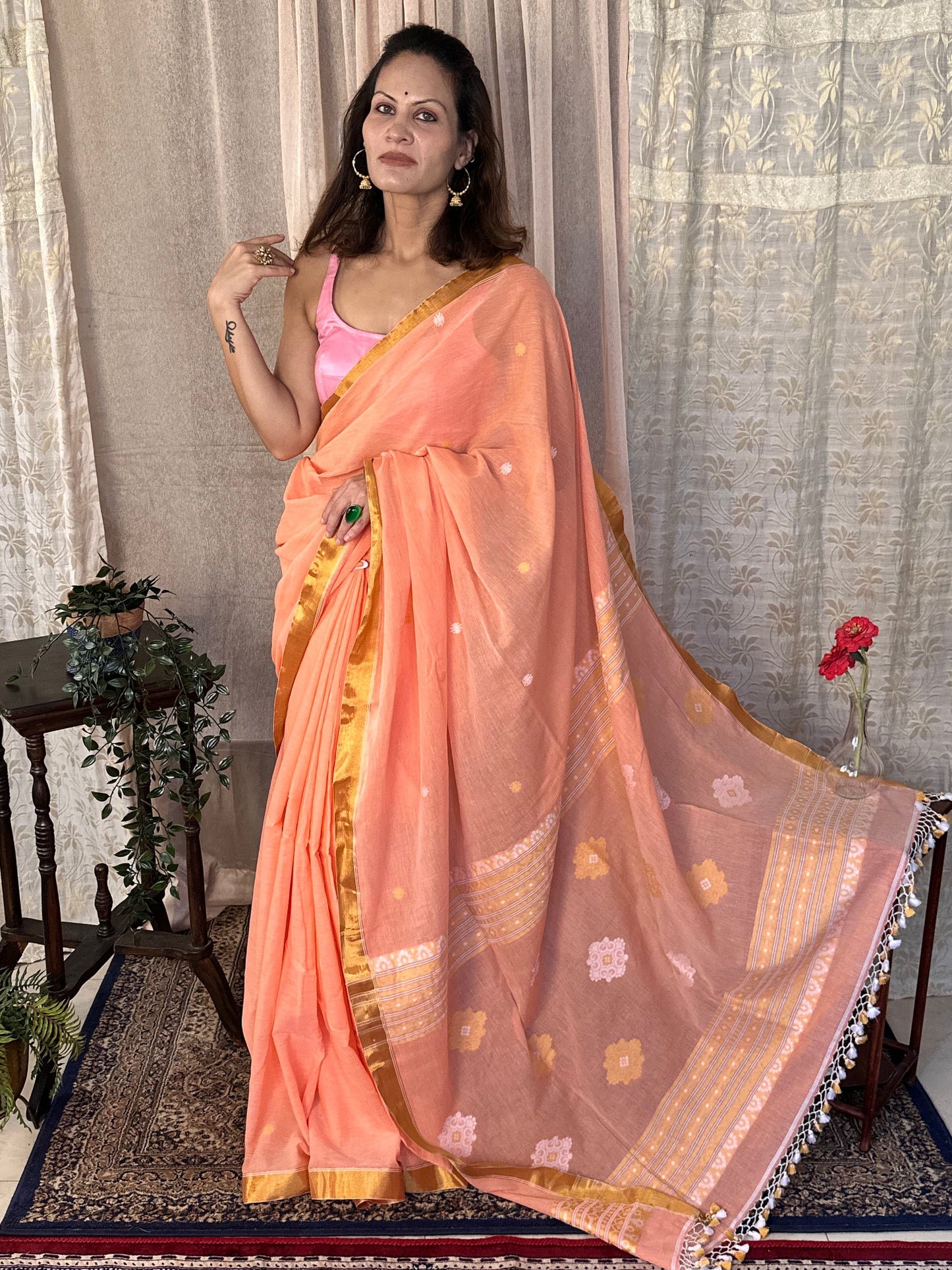 Peach Pure Cotton Jacquard Jamdani Sari