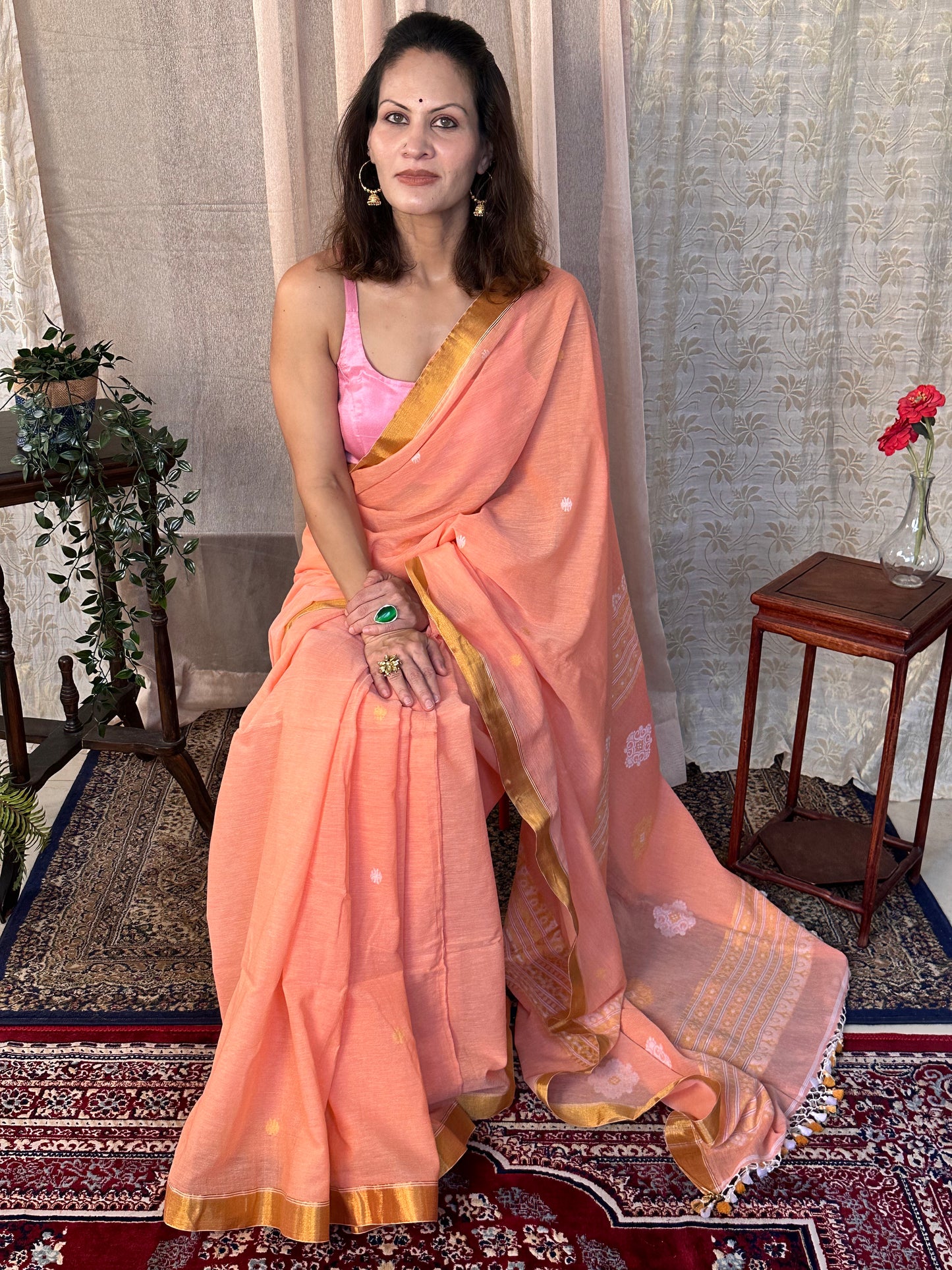 Peach Pure Cotton Jacquard Jamdani Sari