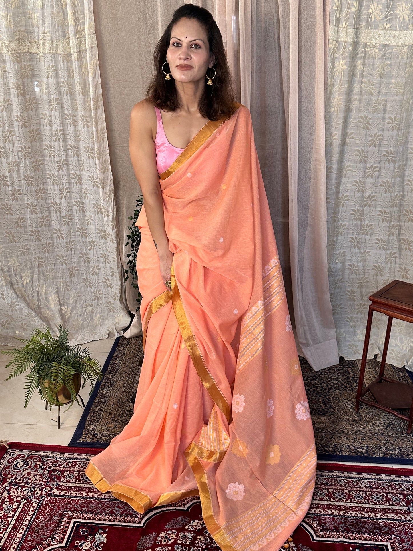 Peach Pure Cotton Jacquard Jamdani Sari