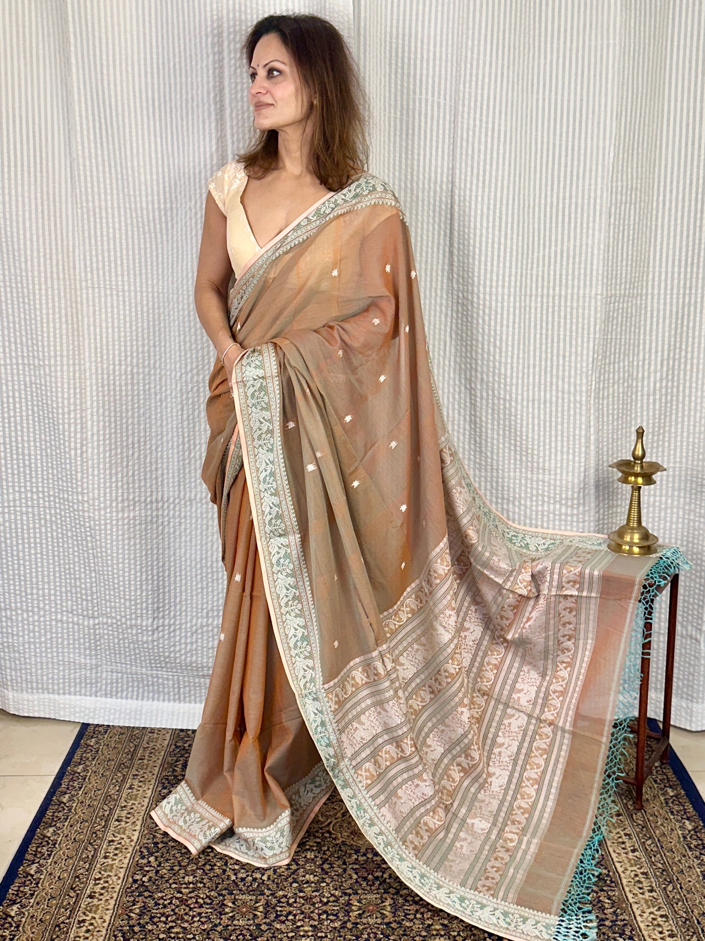 Pale Peachish Brown Pure Cotton Baluchari Saree with Weaving