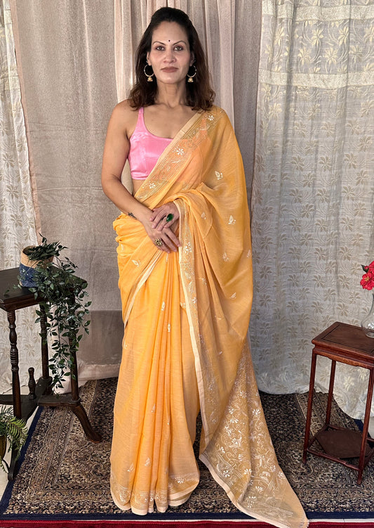 Pure Mul Mul Cotton Sari with Kaatha Handwork - Raahini