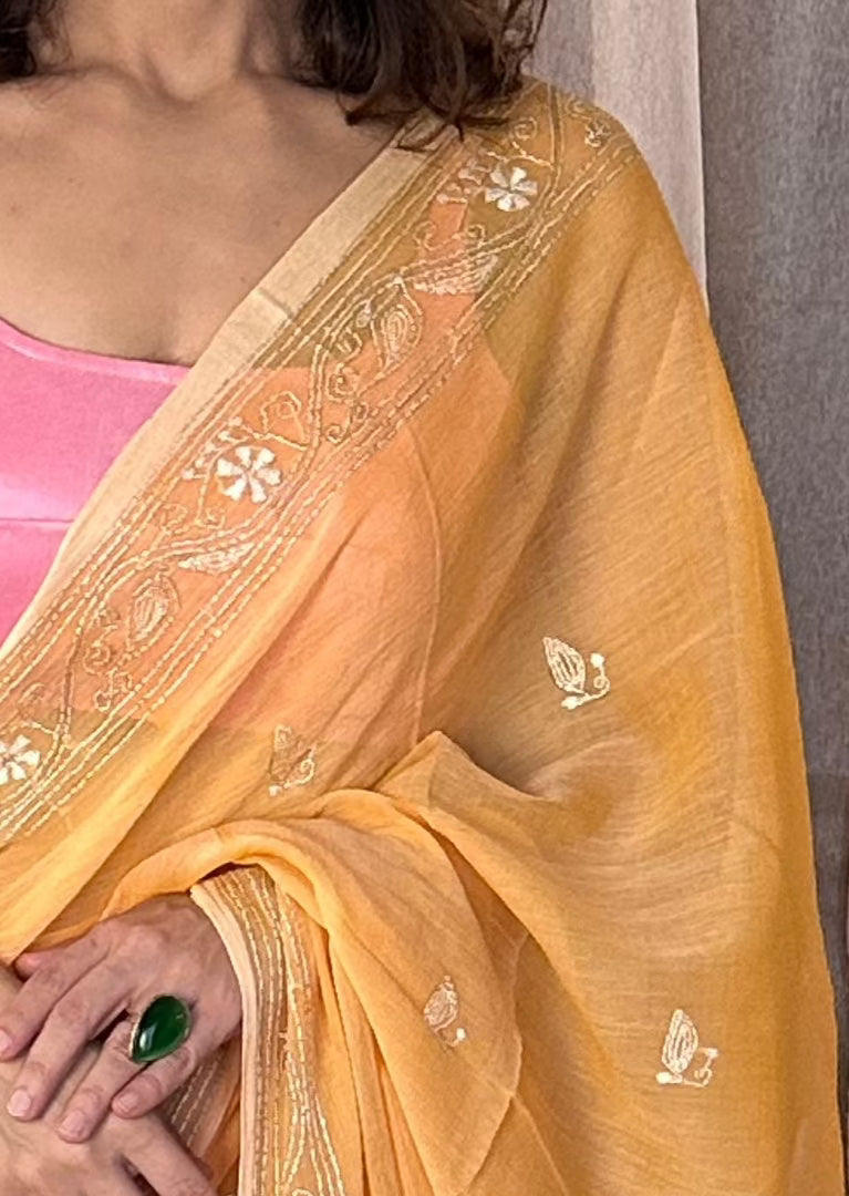 Pure Mul Mul Cotton Sari with Kaatha Handwork - Raahini