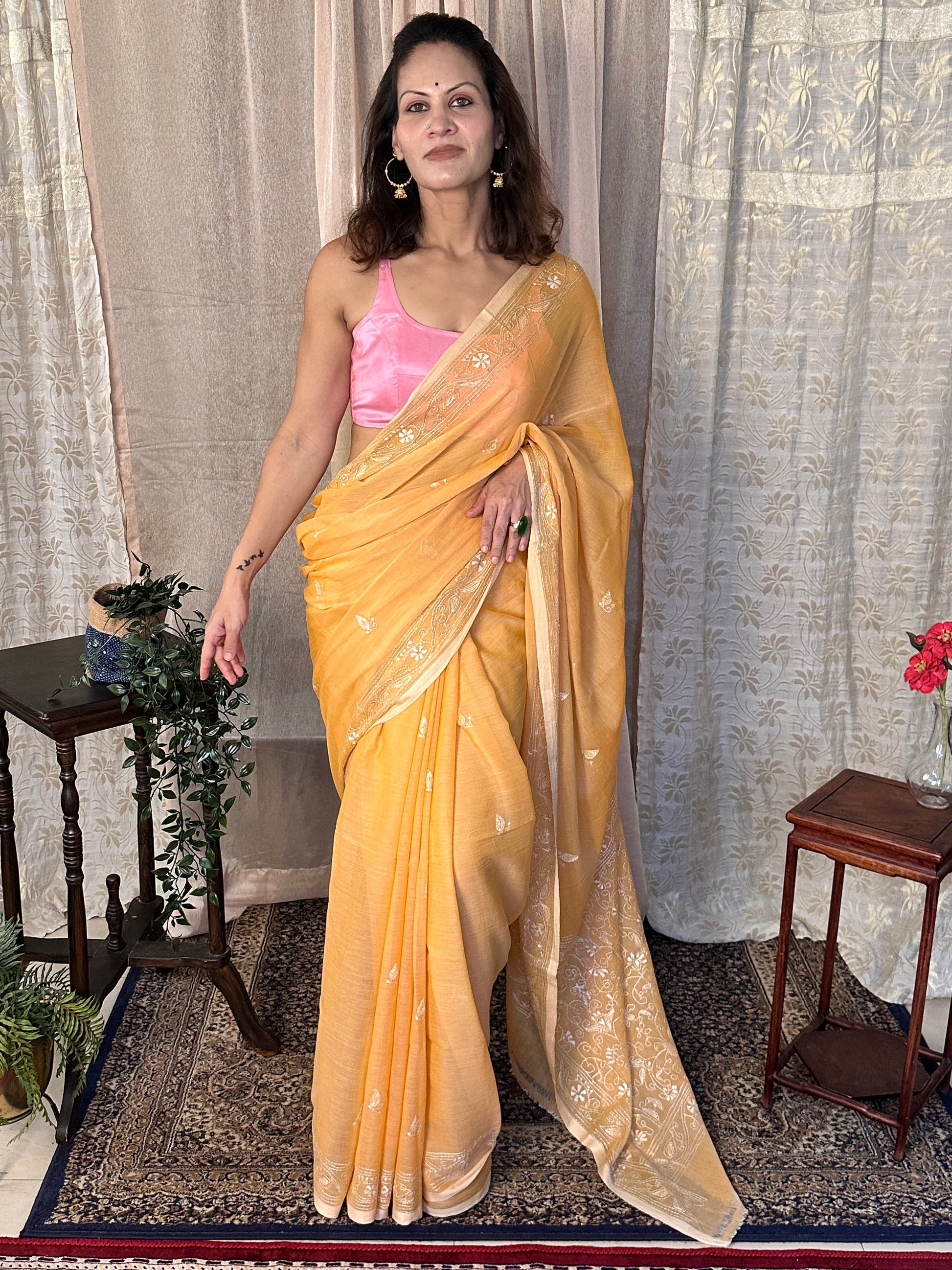 Pure Mul Mul Cotton Sari with Kaatha Handwork - Raahini