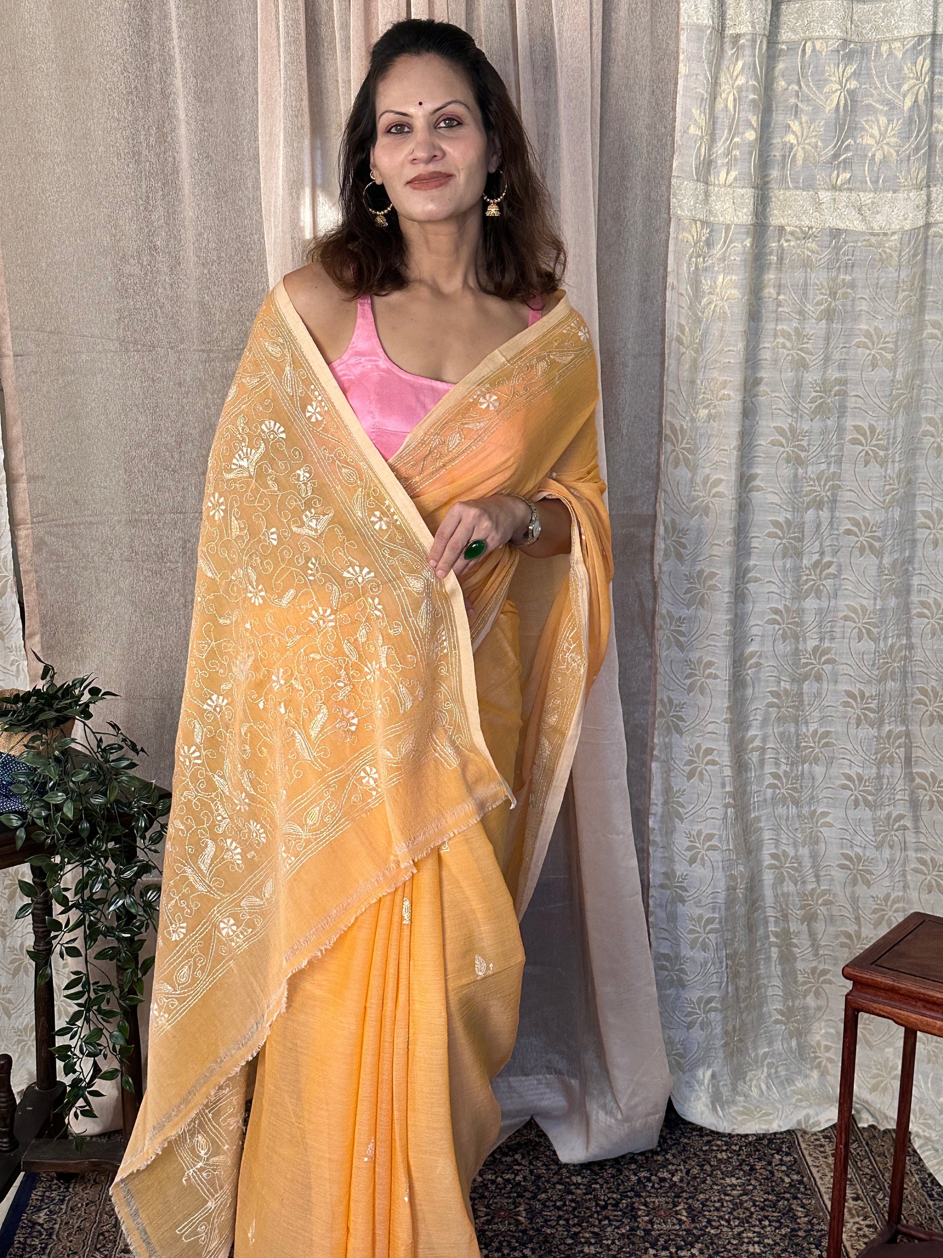 Pure Mul Mul Cotton Sari with Kaatha Handwork - Raahini