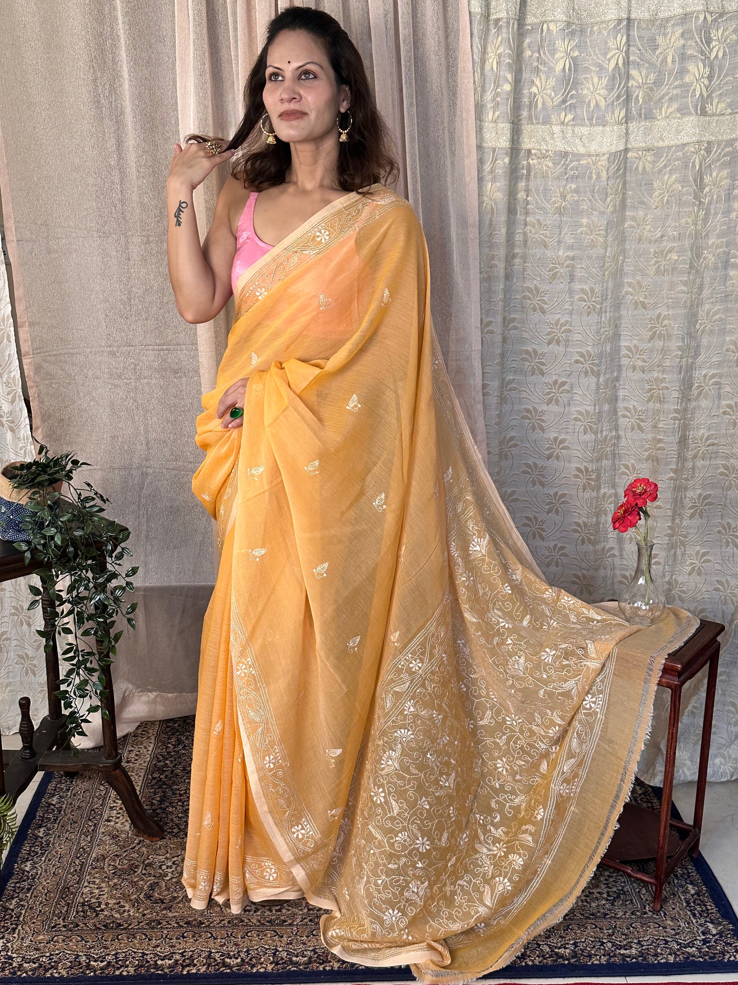 Pure Mul Mul Cotton Sari with Kaatha Handwork - Raahini