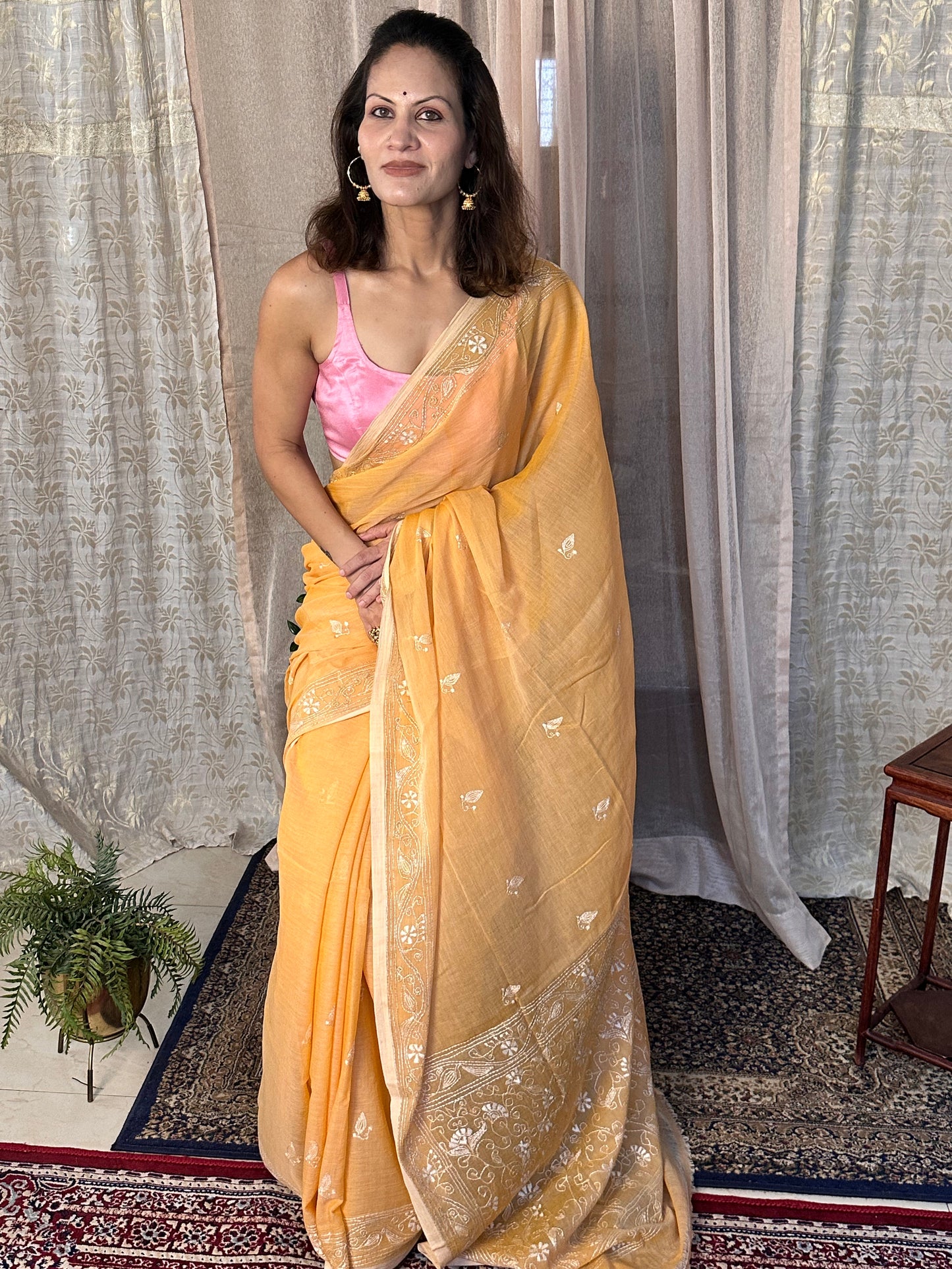 Pure Mul Mul Cotton Sari with Kaatha Handwork - Raahini