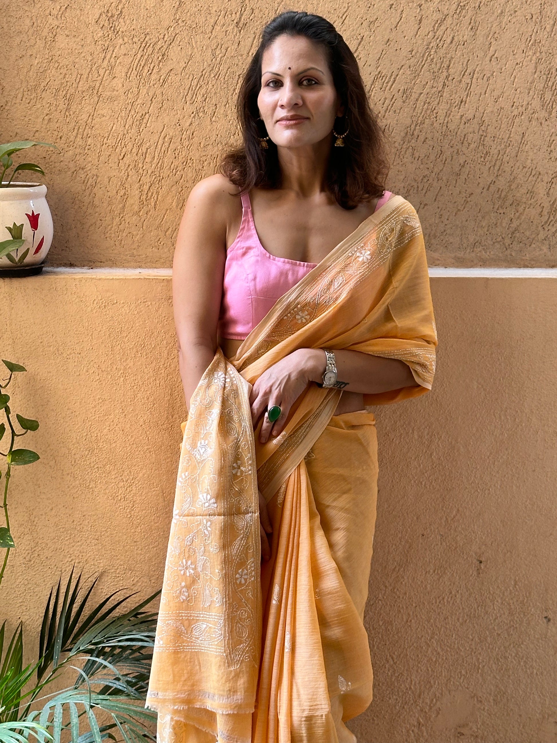 Pure Mul Mul Cotton Sari with Kaatha Handwork - Raahini