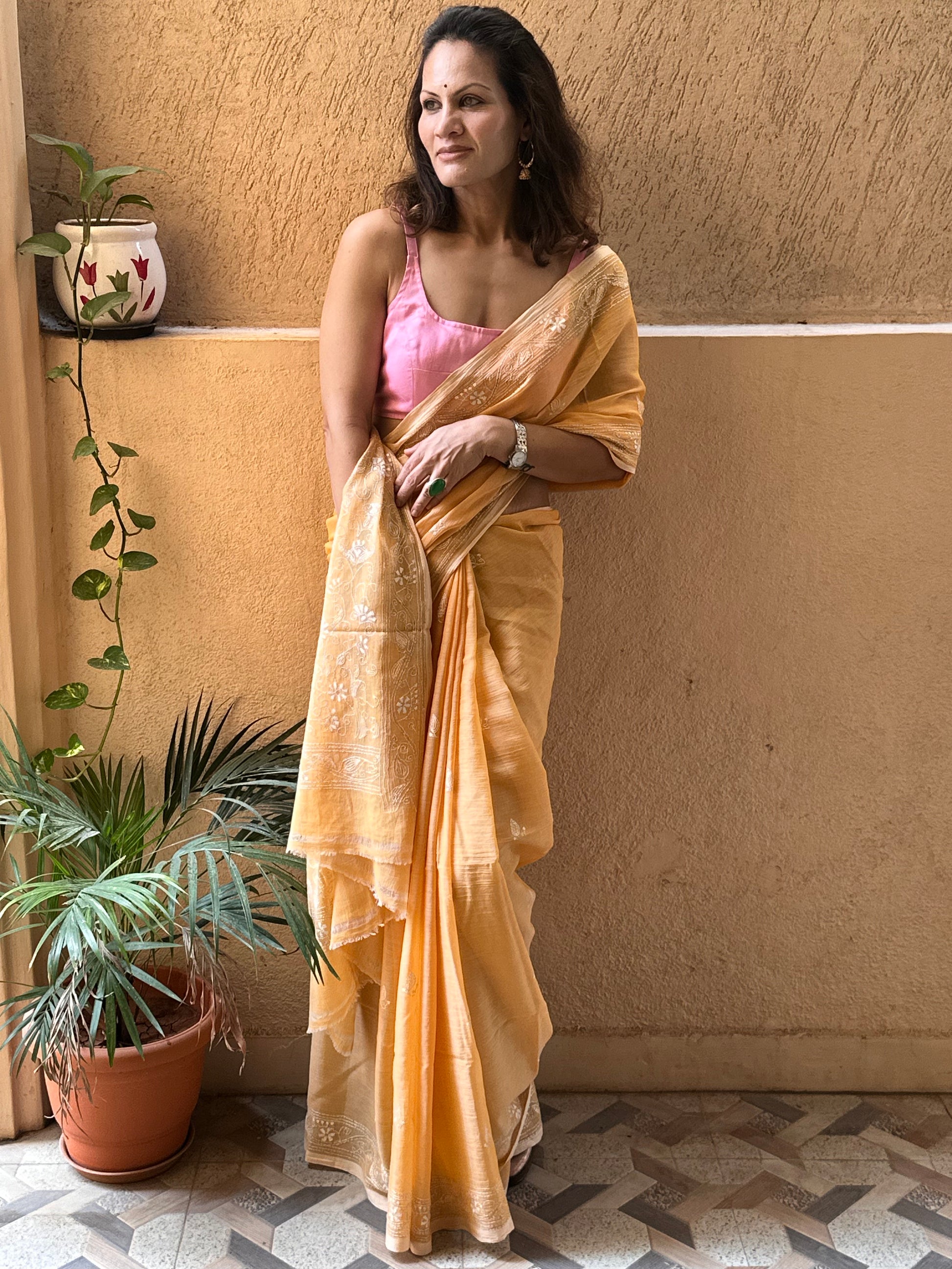 Pure Mul Mul Cotton Sari with Kaatha Handwork - Raahini