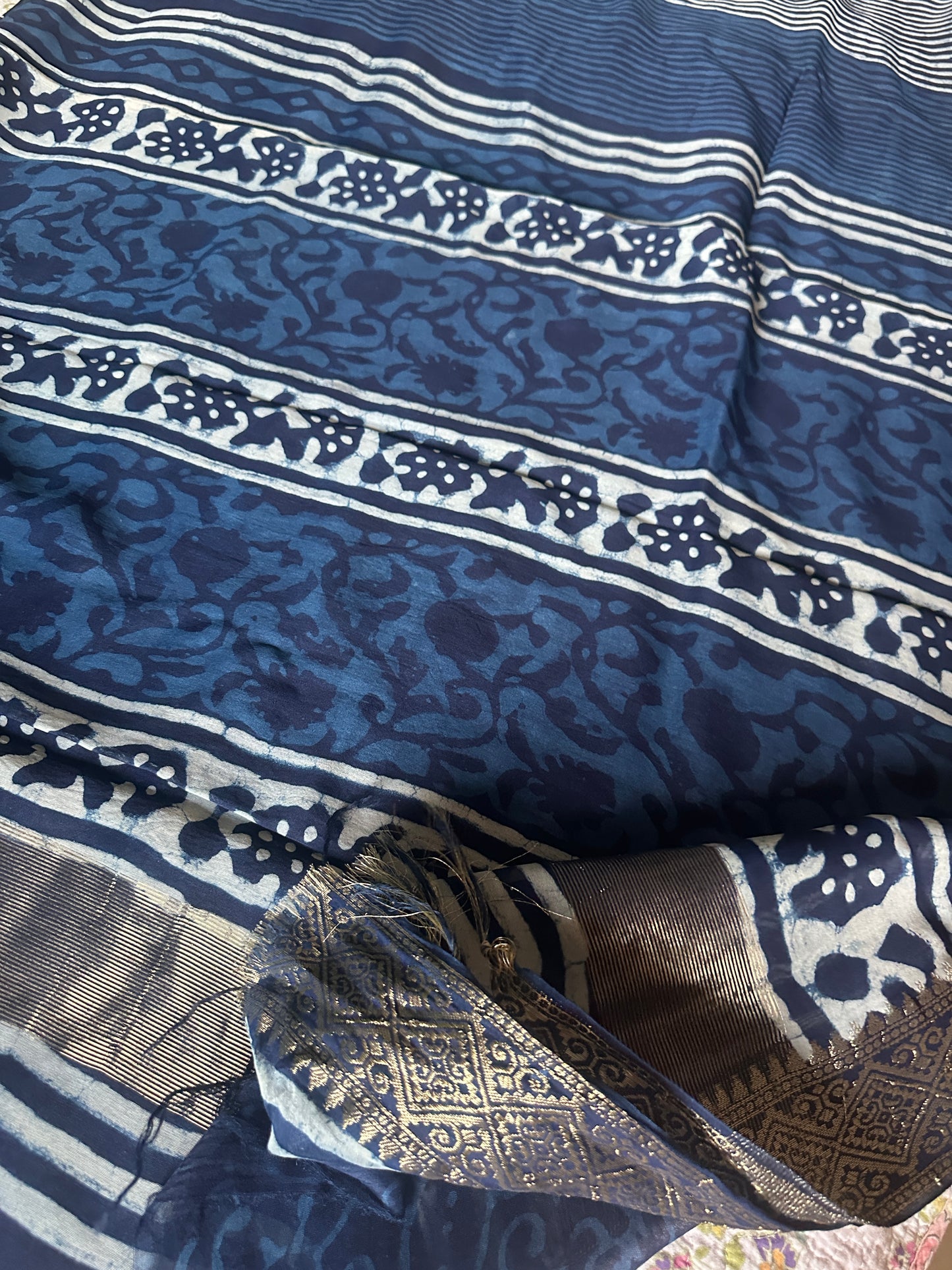 Indigo Natural Vanaspati Block Print Maheshwari Sari with Zari Border