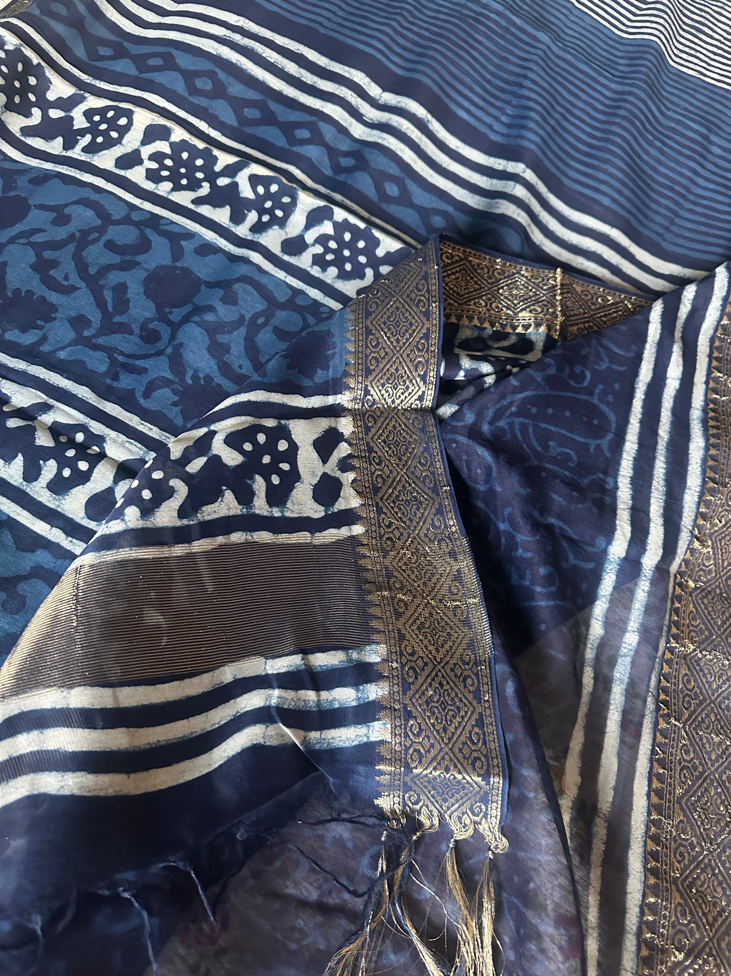 Indigo Natural Vanaspati Block Print Maheshwari Sari with Zari Border