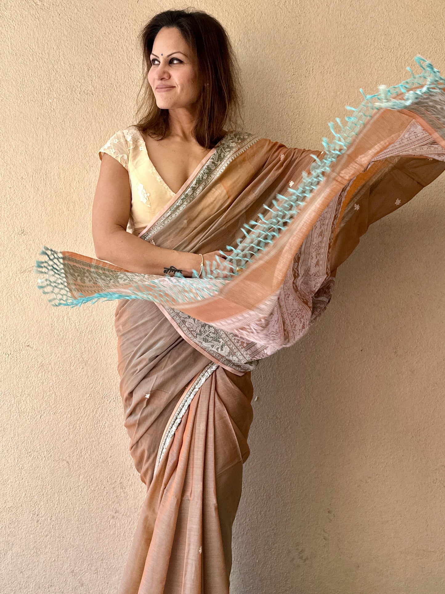 Pale Peachish Brown Pure Cotton Baluchari Saree with Weaving