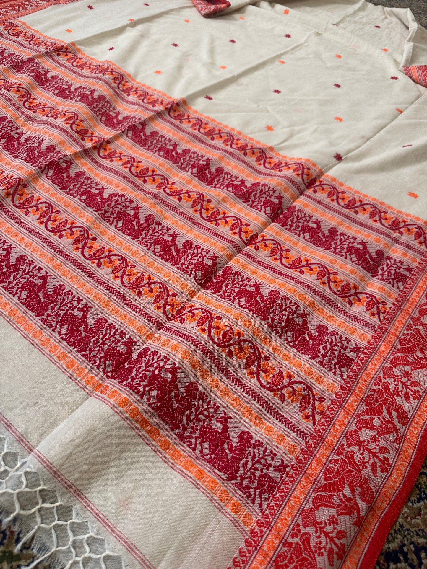 Cream Pure Cotton Baluchari Saree with Red Weaving