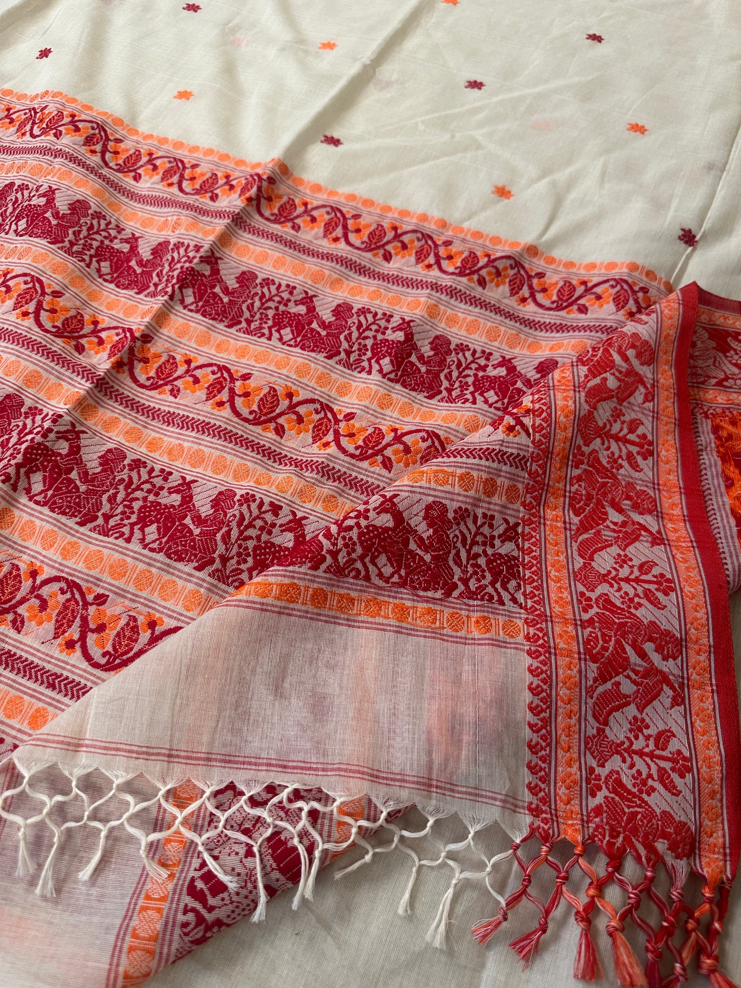 Cream Pure Cotton Baluchari Saree with Red Weaving