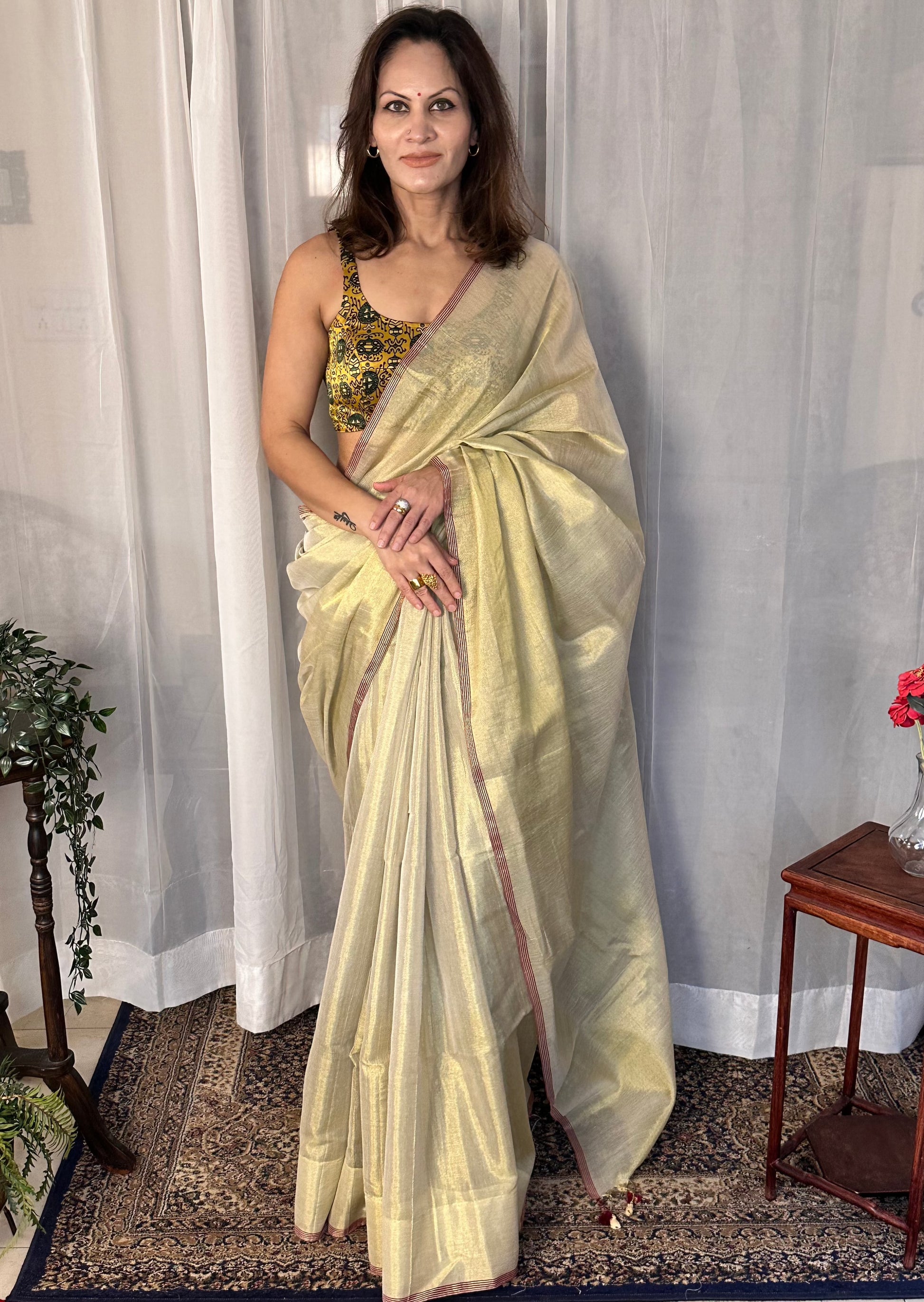 Light Gold Pure Mul Mul Handwoven Tissue Cotton Sari - Raahini