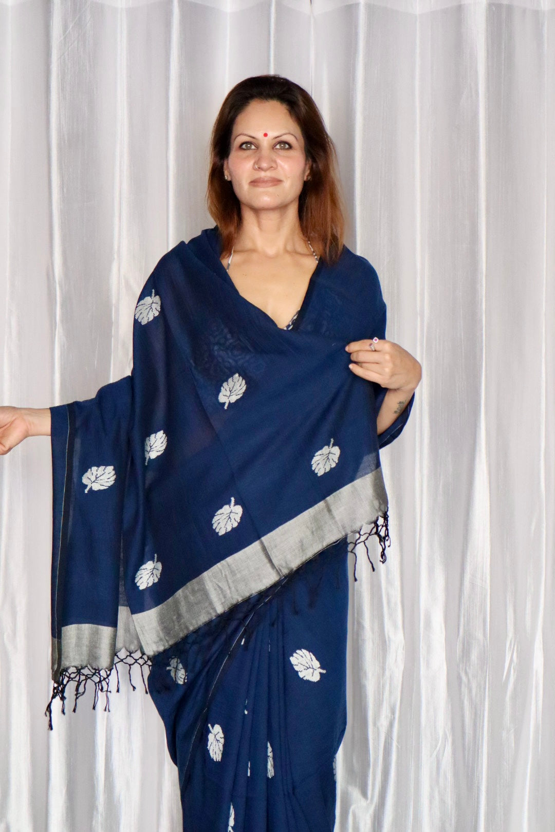 Ink Blue Pure Handloom Cotton Jamdani Saree with Handloom Mark Card