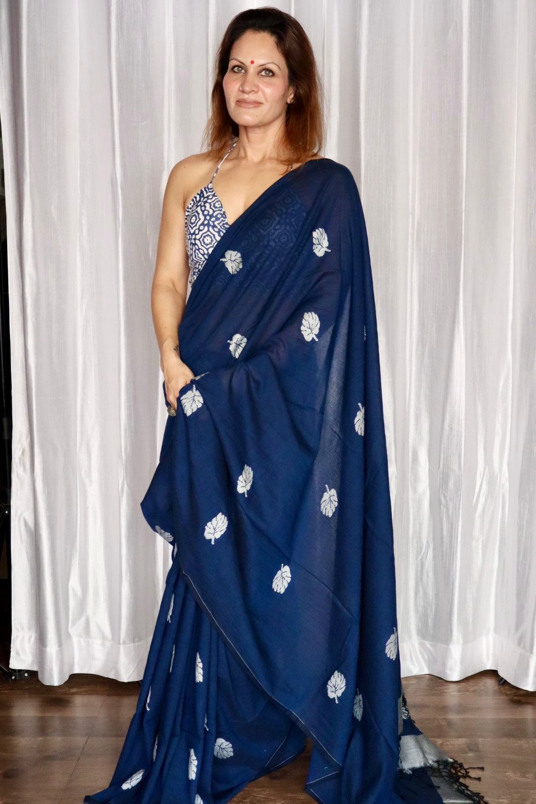 Ink Blue Pure Handloom Cotton Jamdani Saree with Handloom Mark Card
