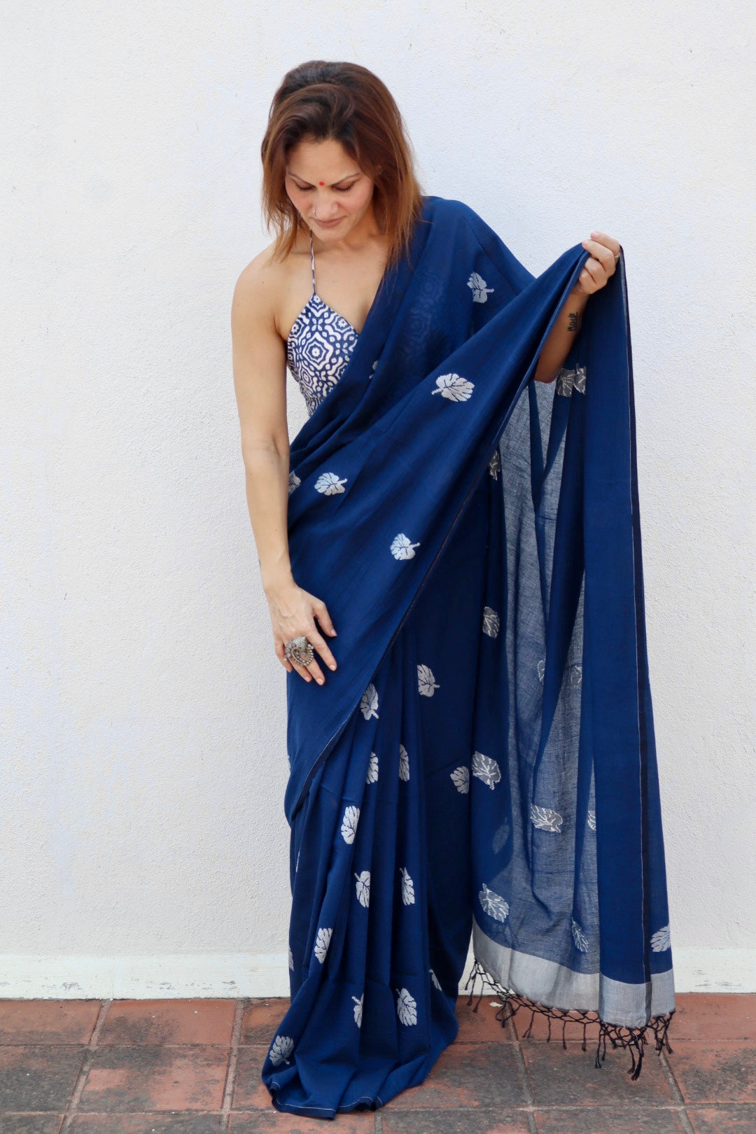 Ink Blue Pure Handloom Cotton Jamdani Saree with Handloom Mark Card