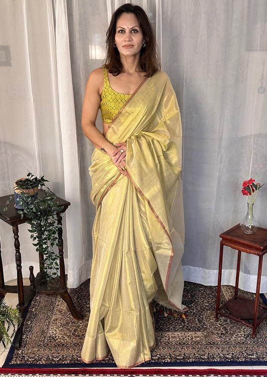 Gold Pure Mul Mul Handwoven Tissue Cotton Sari - Raahini