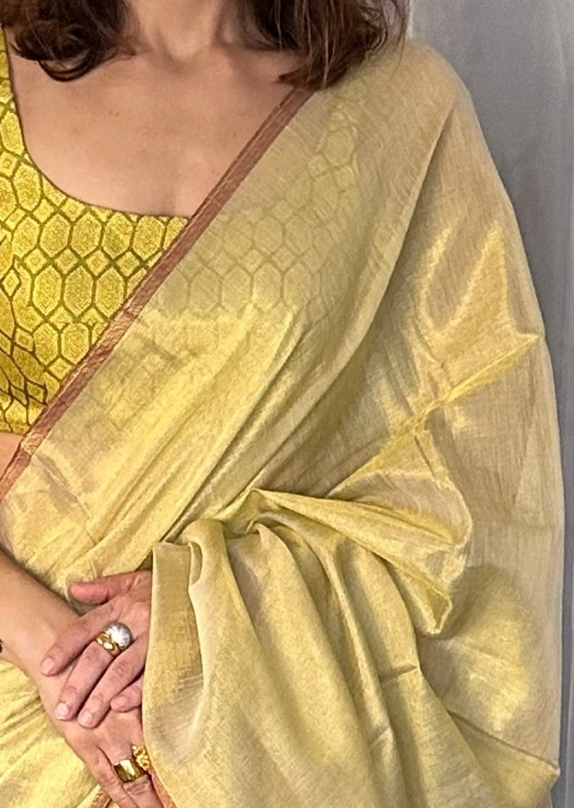 Gold Pure Mul Mul Handwoven Tissue Cotton Sari - Raahini