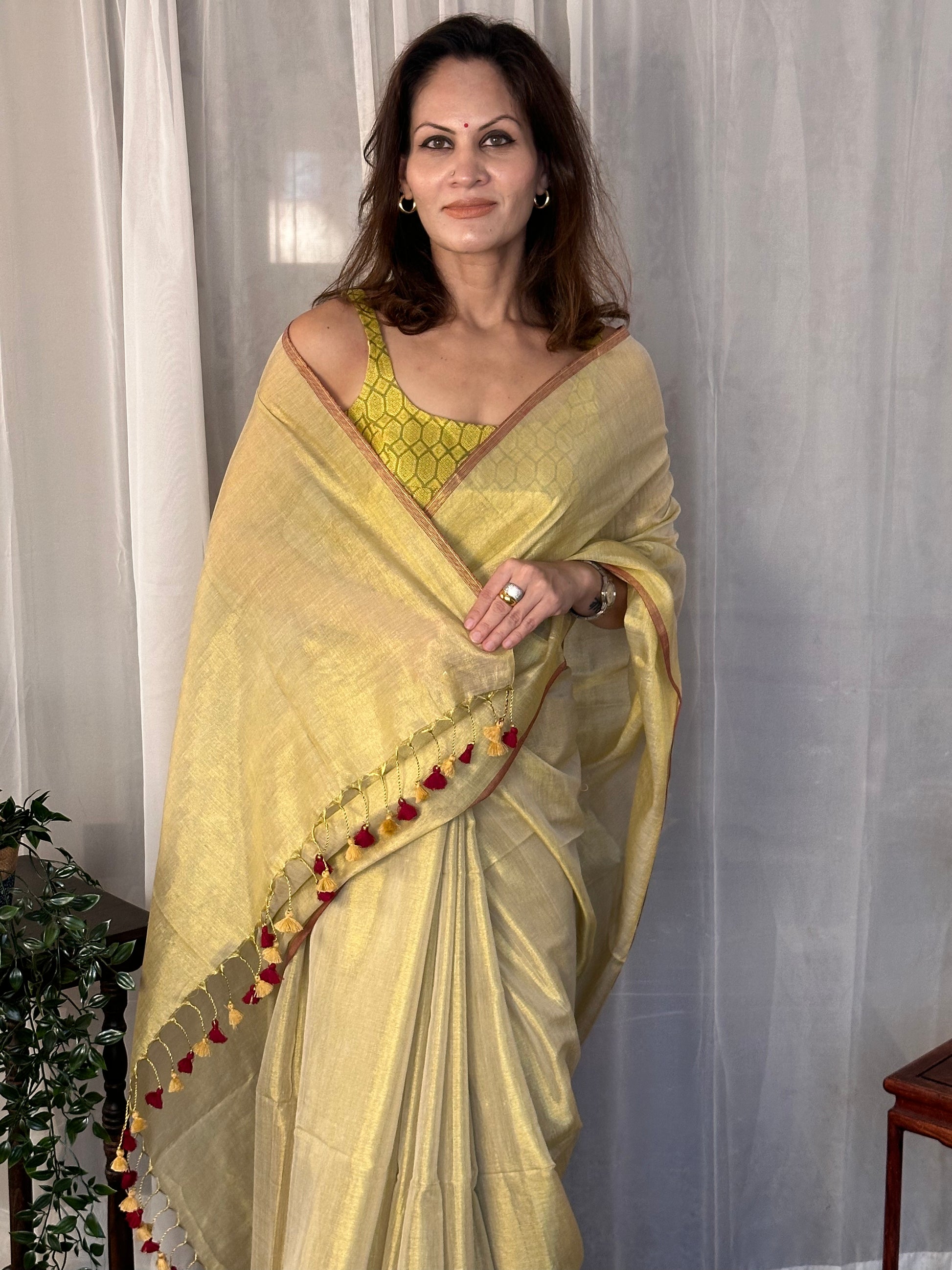 Gold Pure Mul Mul Handwoven Tissue Cotton Sari - Raahini