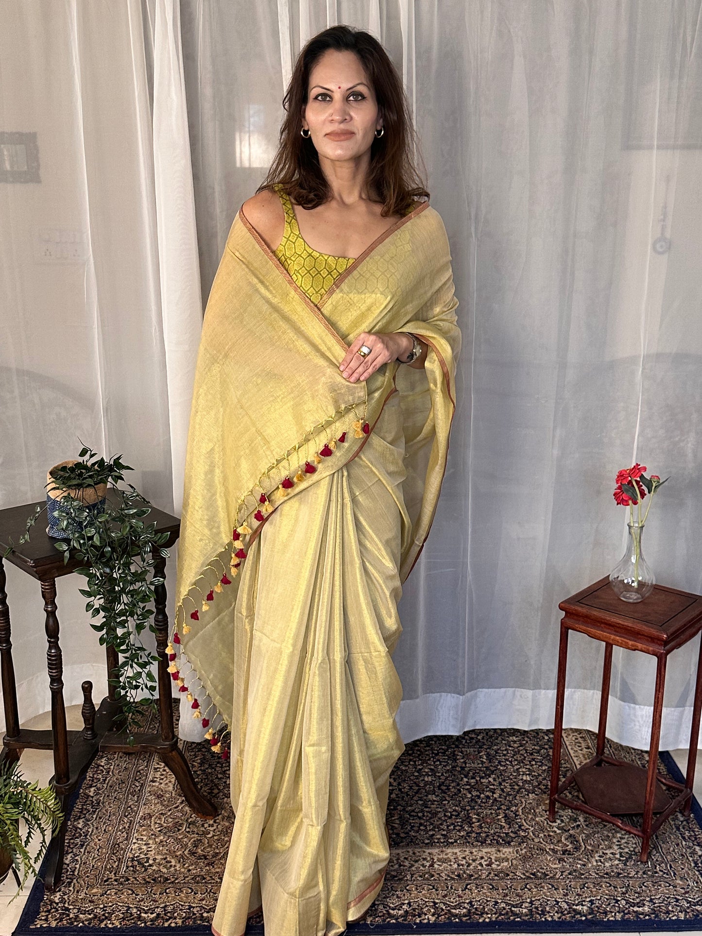 Gold Pure Mul Mul Handwoven Tissue Cotton Sari - Raahini