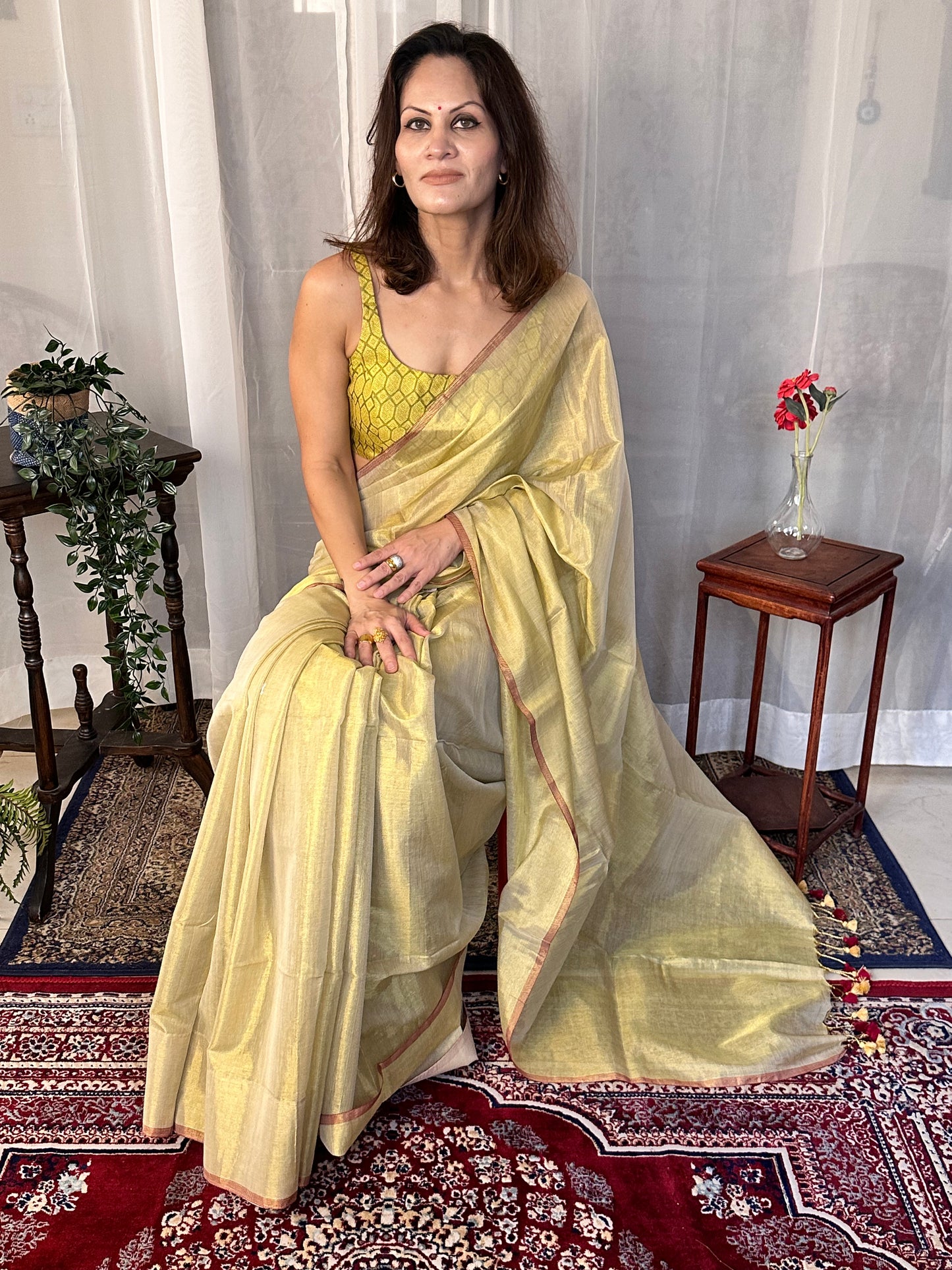 Gold Pure Mul Mul Handwoven Tissue Cotton Sari - Raahini