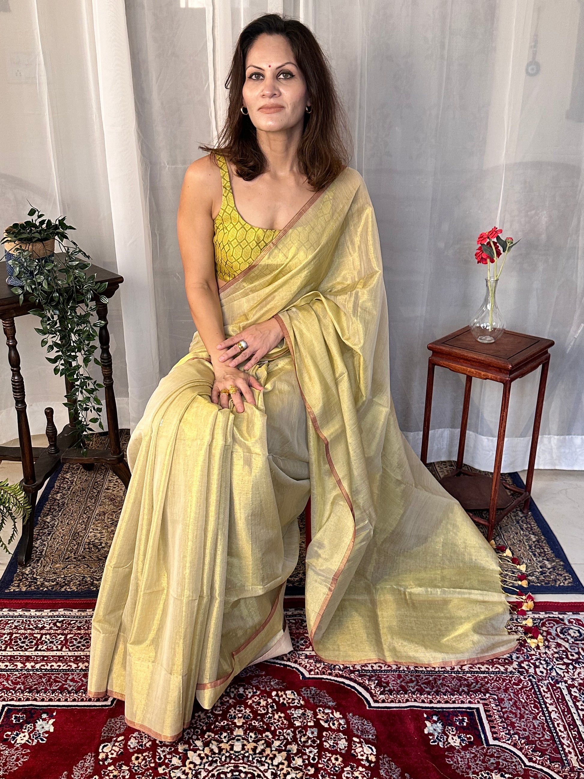 Gold Pure Mul Mul Handwoven Tissue Cotton Sari - Raahini