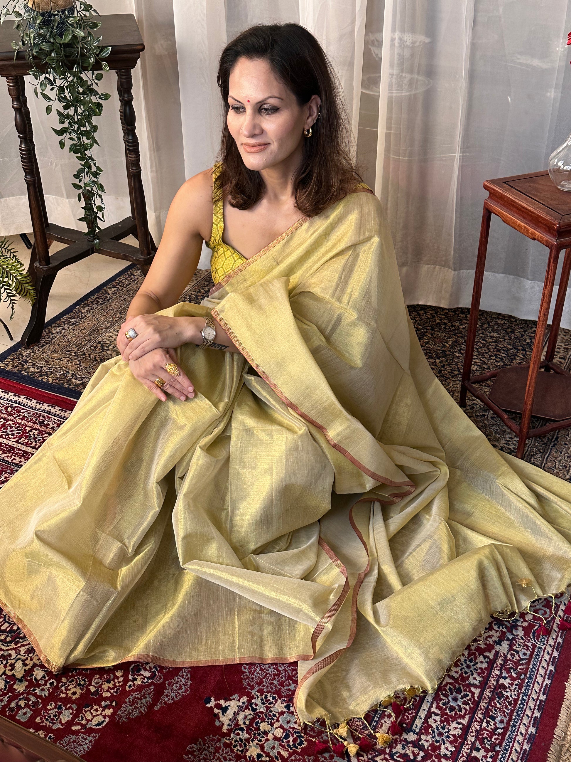 Gold Pure Mul Mul Handwoven Tissue Cotton Sari - Raahini