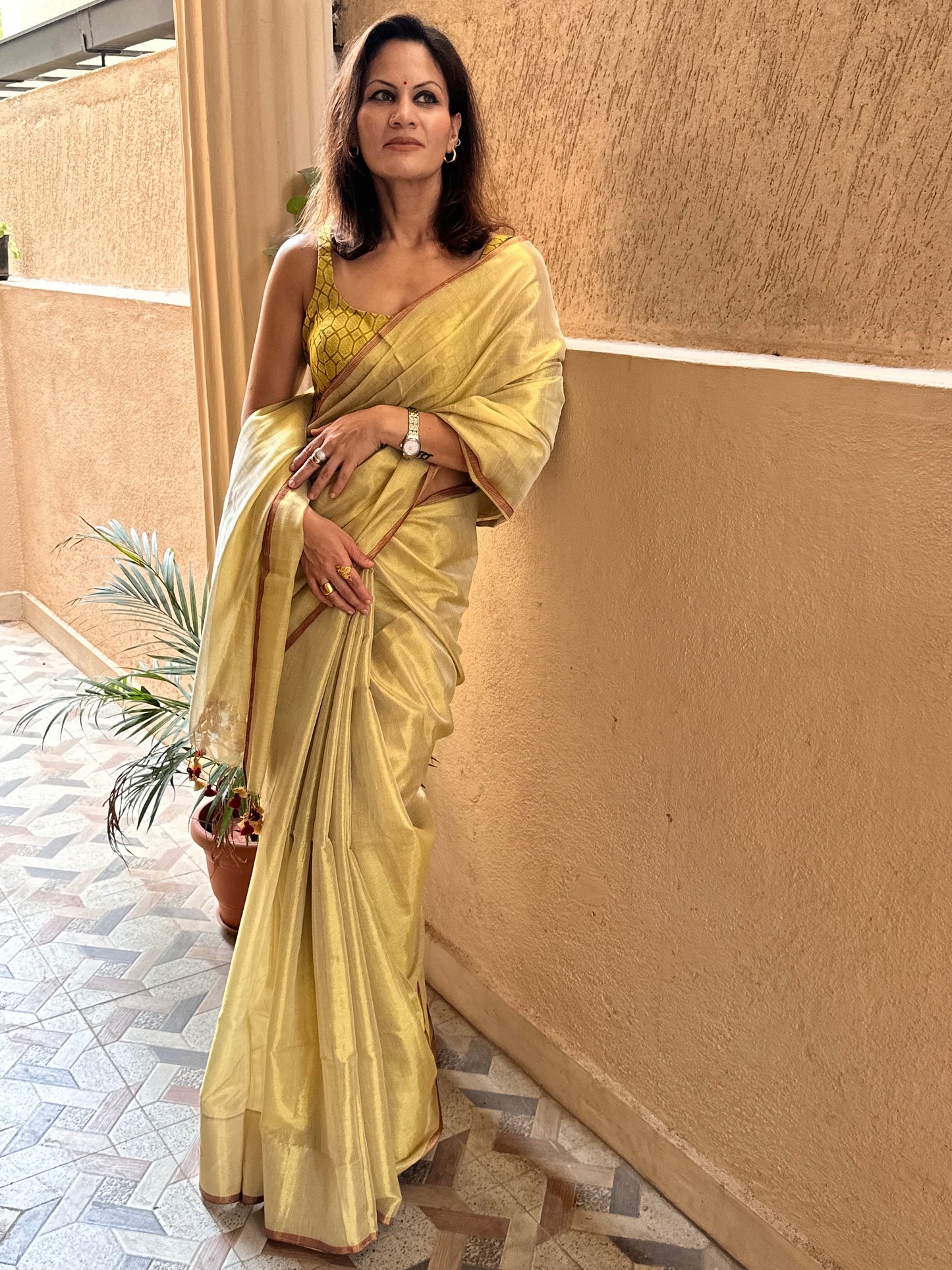 Gold Pure Mul Mul Handwoven Tissue Cotton Sari - Raahini