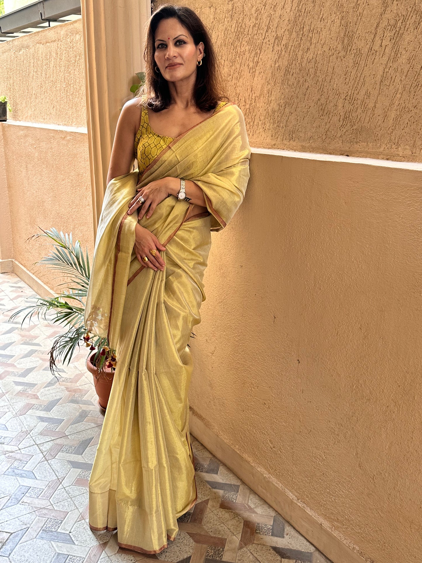 Gold Pure Mul Mul Handwoven Tissue Cotton Sari - Raahini