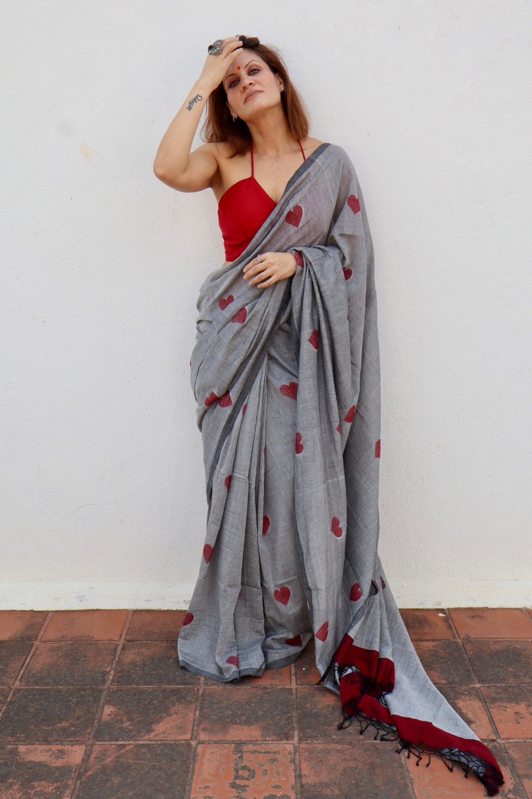 Grey Pure Handloom Cotton Jamdani Saree with Handloom Mark Card