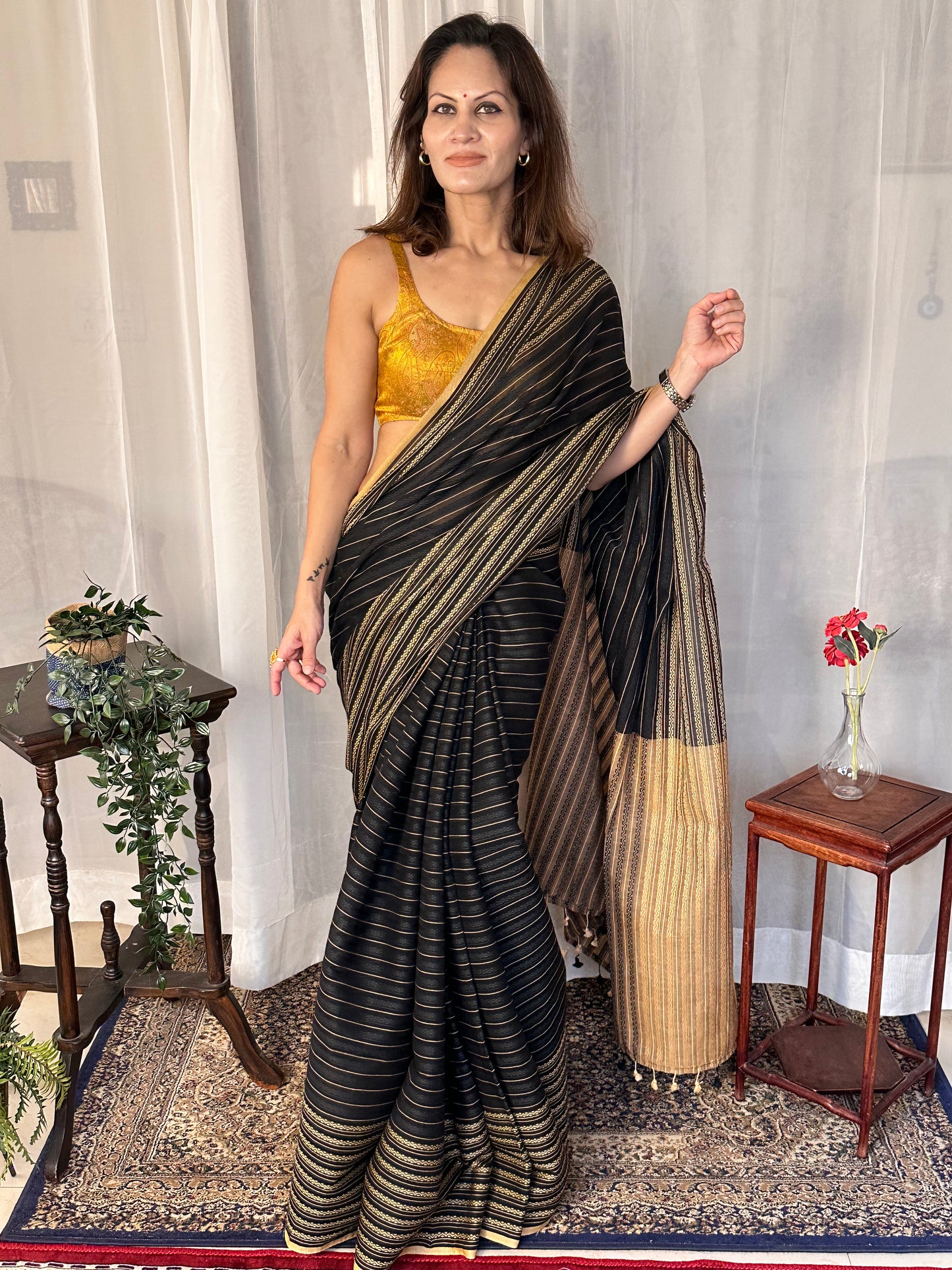 Black Pure Cotton Rudraksha Design Woven Sari - Raahini