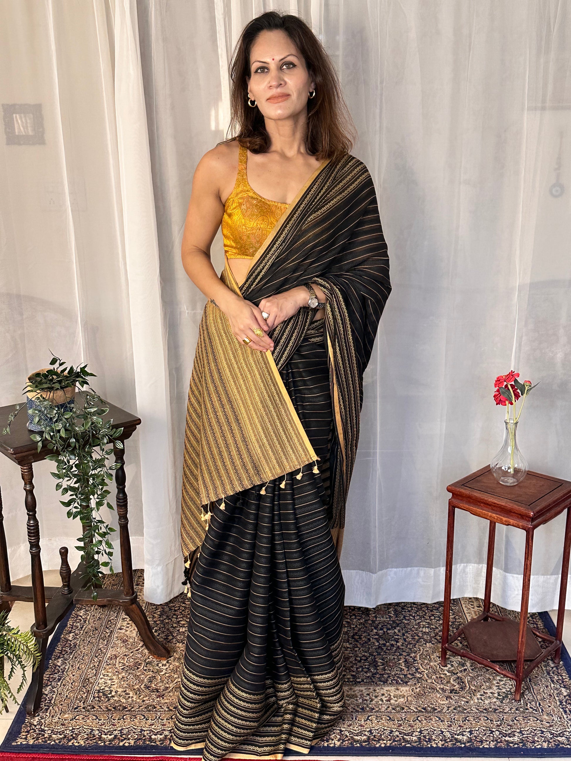 Black Pure Cotton Rudraksha Design Woven Sari - Raahini