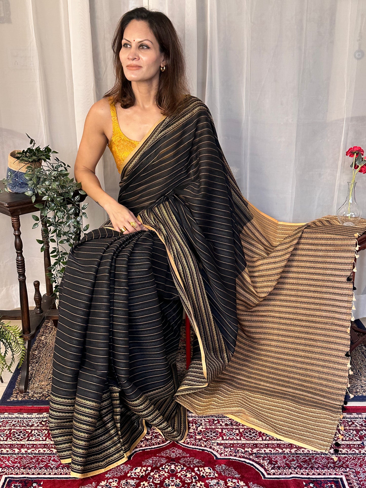 Black Pure Cotton Rudraksha Design Woven Sari - Raahini