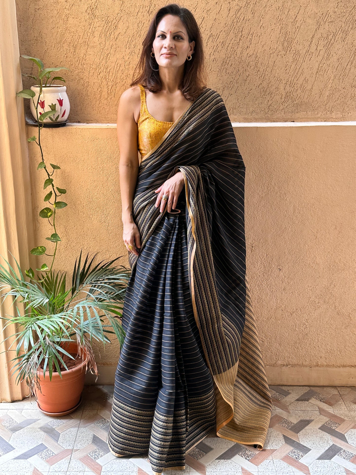 Black Pure Cotton Rudraksha Design Woven Sari - Raahini