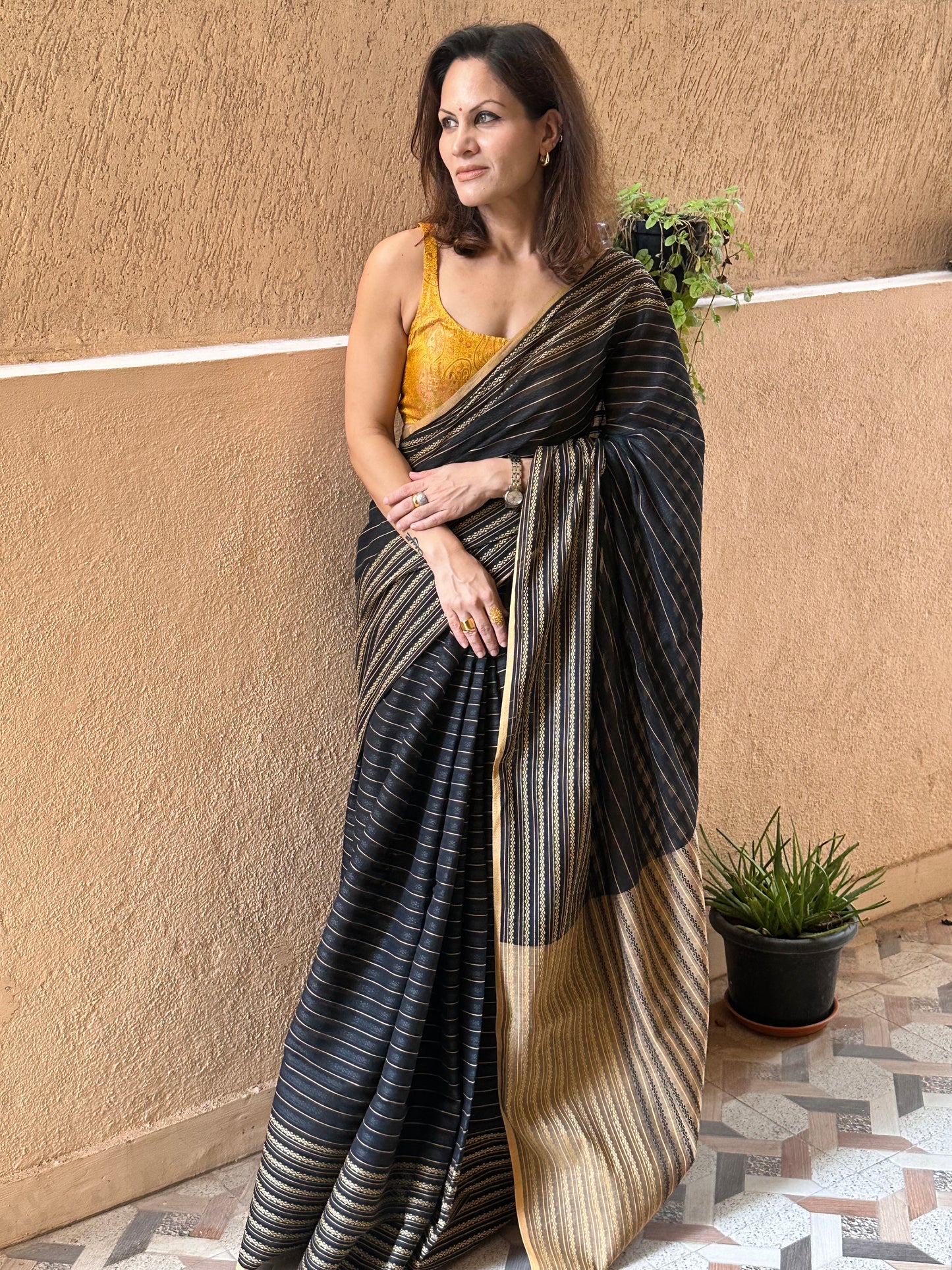 Black Pure Cotton Rudraksha Design Woven Sari - Raahini