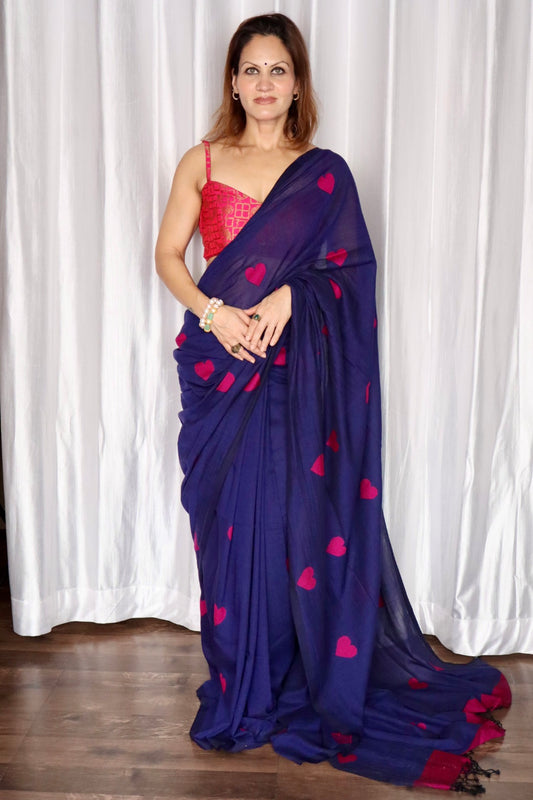 Royal Blue Pure Handloom Cotton Jamdani Saree with Handloom Mark Card