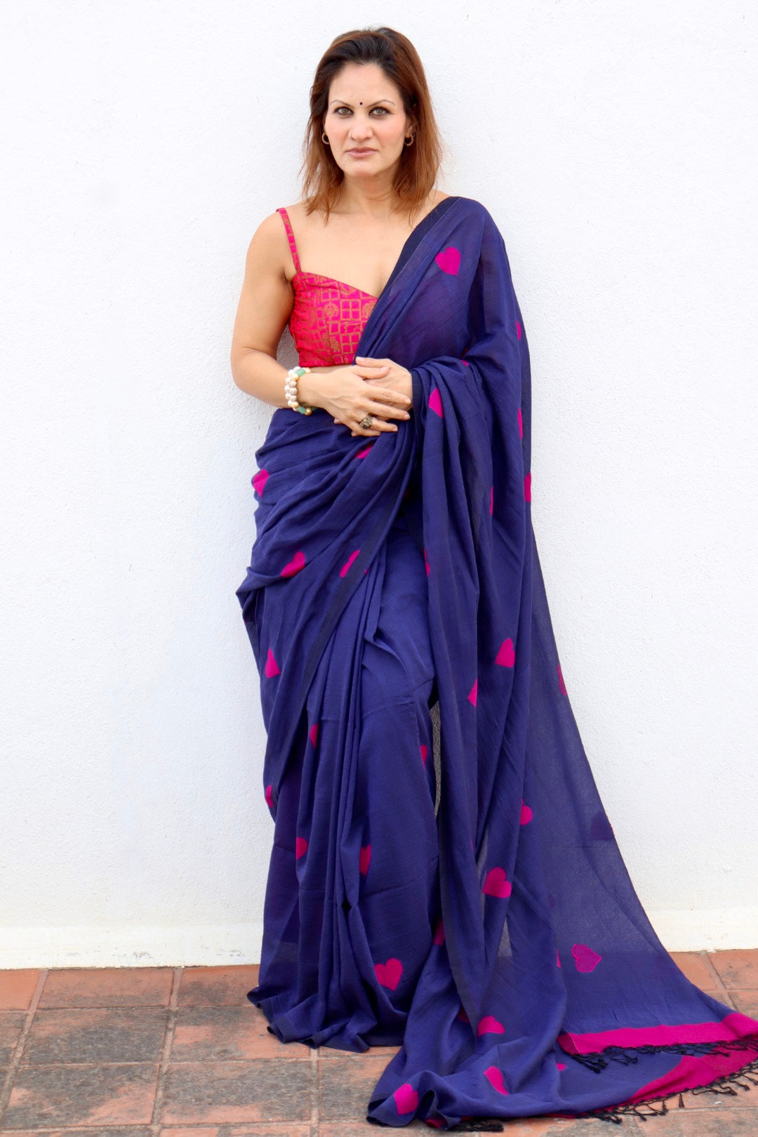 Royal Blue Pure Handloom Cotton Jamdani Saree with Handloom Mark Card