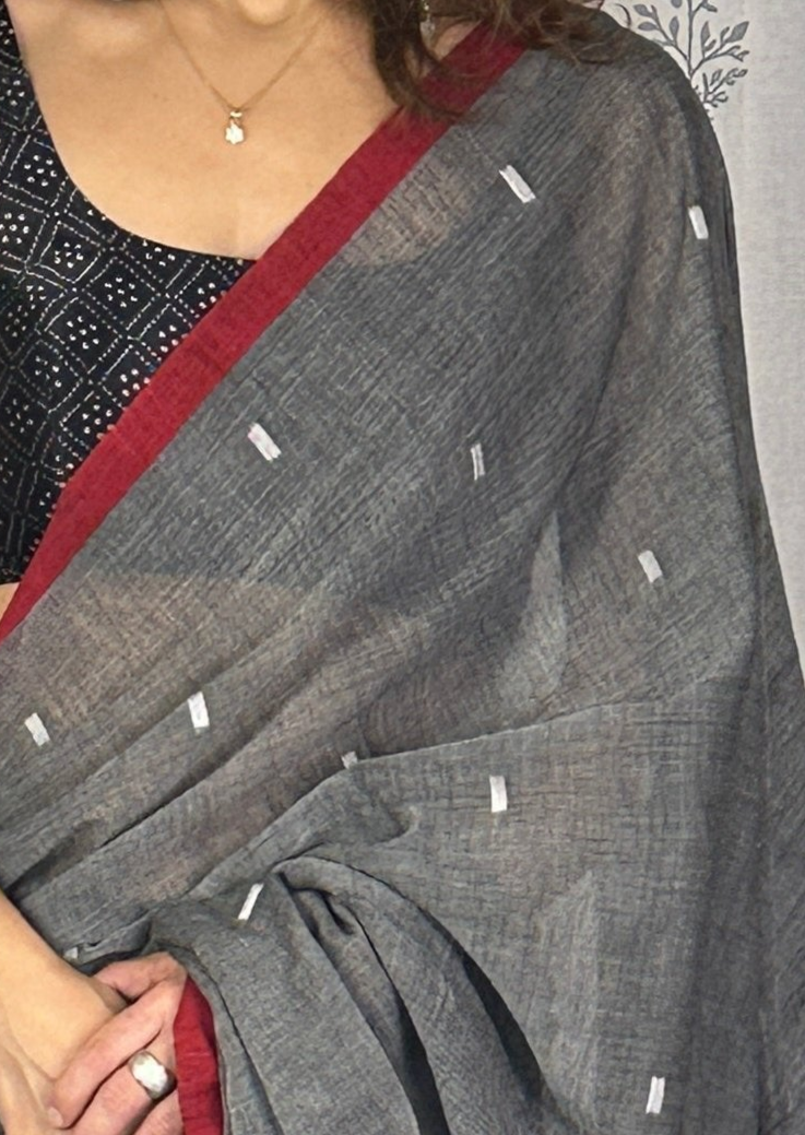 Grey Pure Cotton Jamdani Sari with Red Border