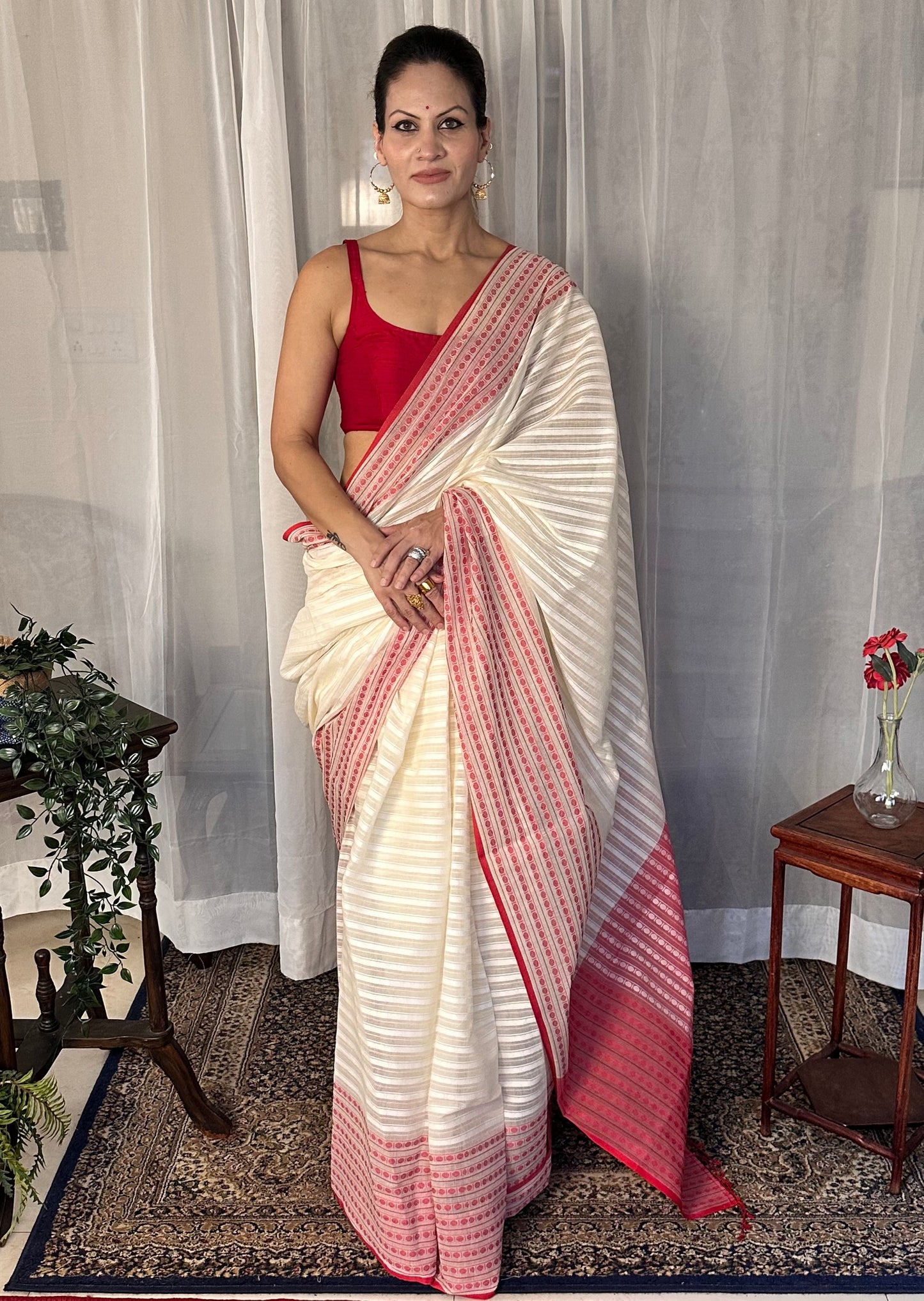 White Pure Cotton Rudraksha Design Woven Sari - Raahini