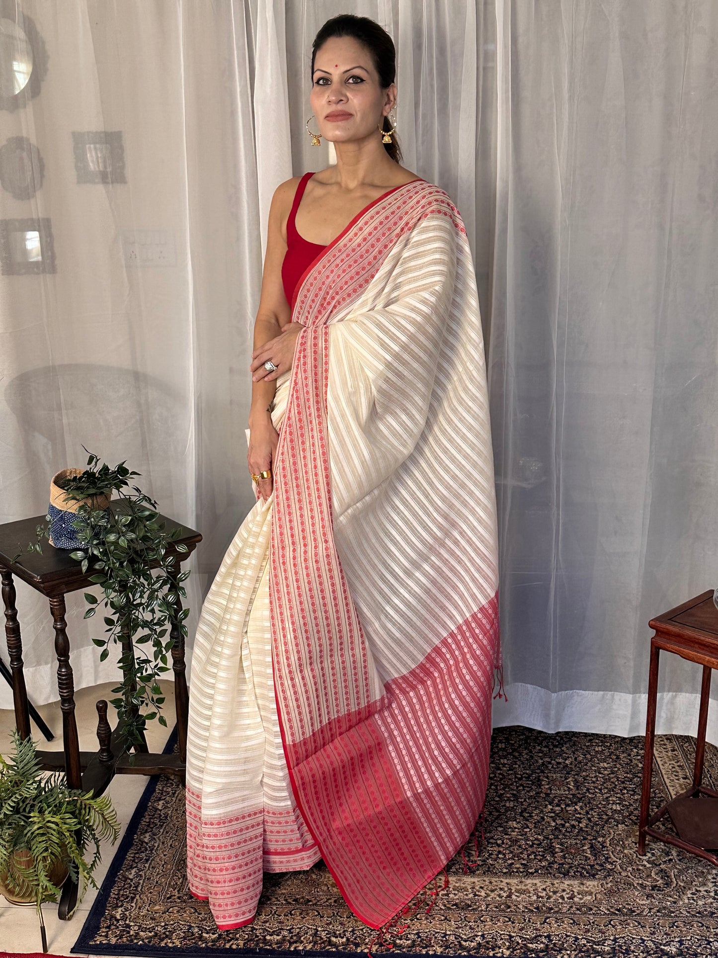 White Pure Cotton Rudraksha Design Woven Sari - Raahini