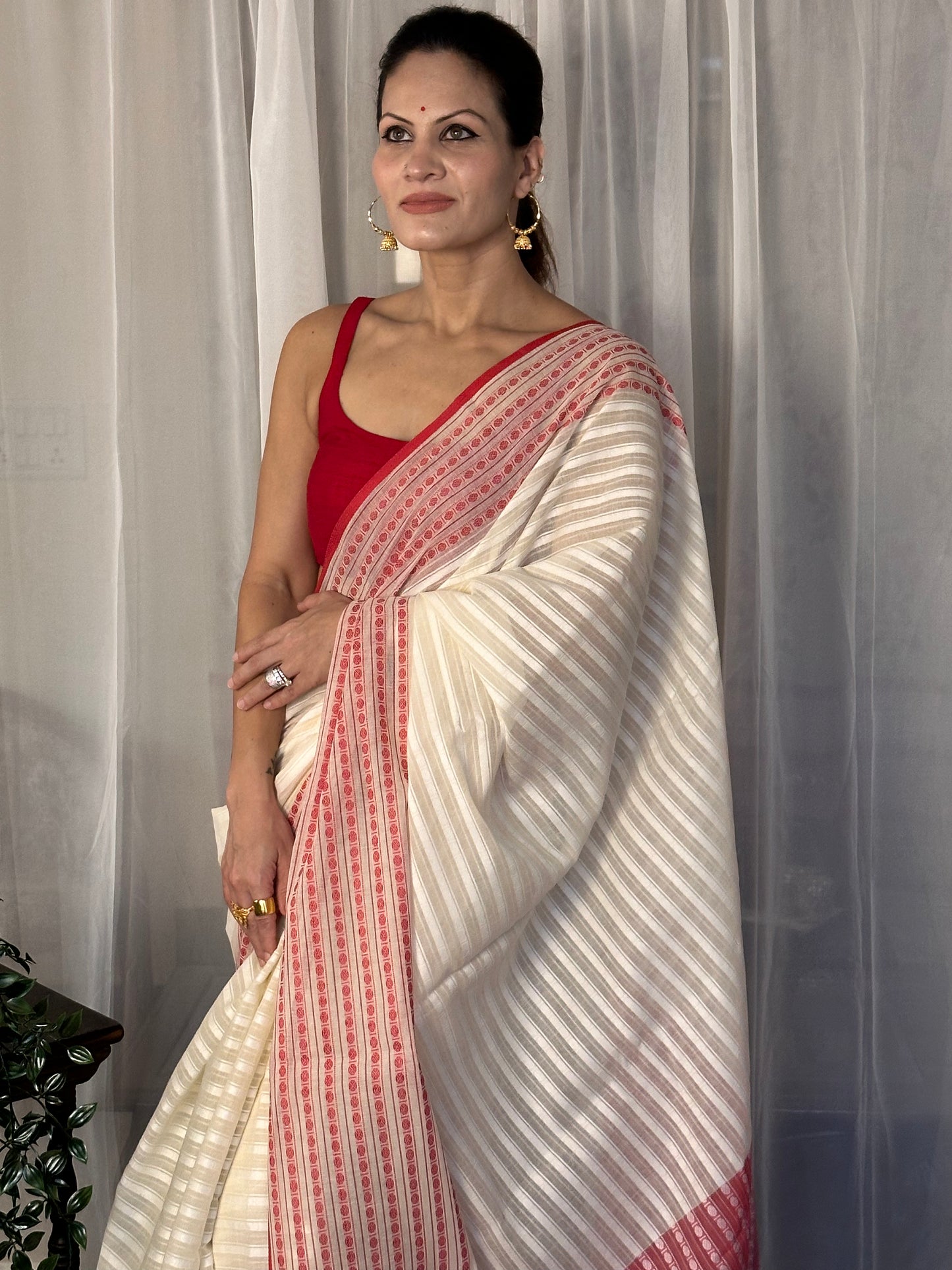 White Pure Cotton Rudraksha Design Woven Sari - Raahini